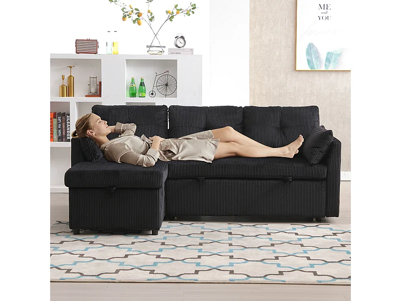 Canapé 3 places convertible - 206 x 130 x 88 cm - canapé modulaire - avec rangement - velours - noir