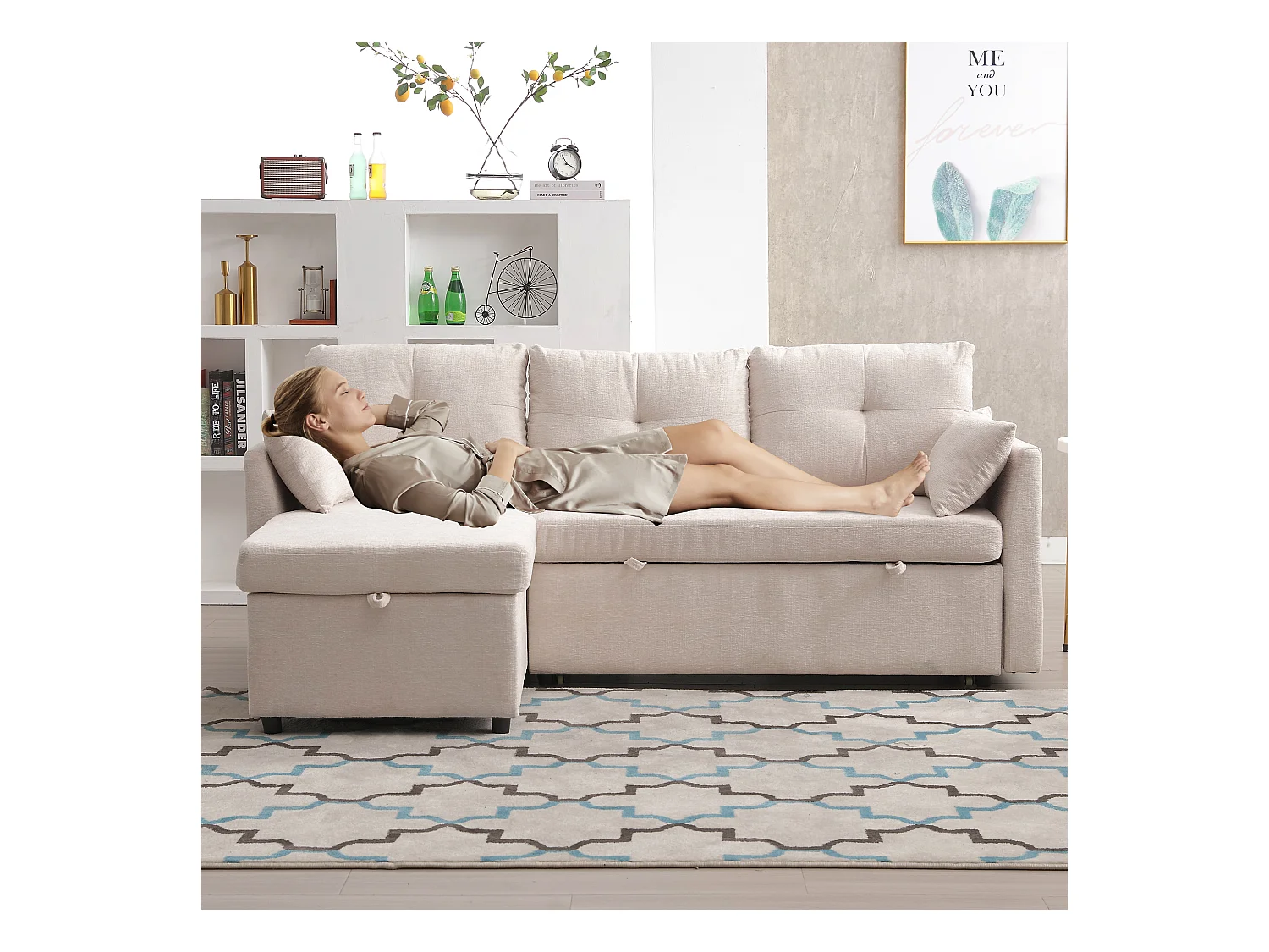 Canapé 3 places convertible - 206 x 130 x 88 cm - canapé modulaire - avec rangement - Polyester - beige