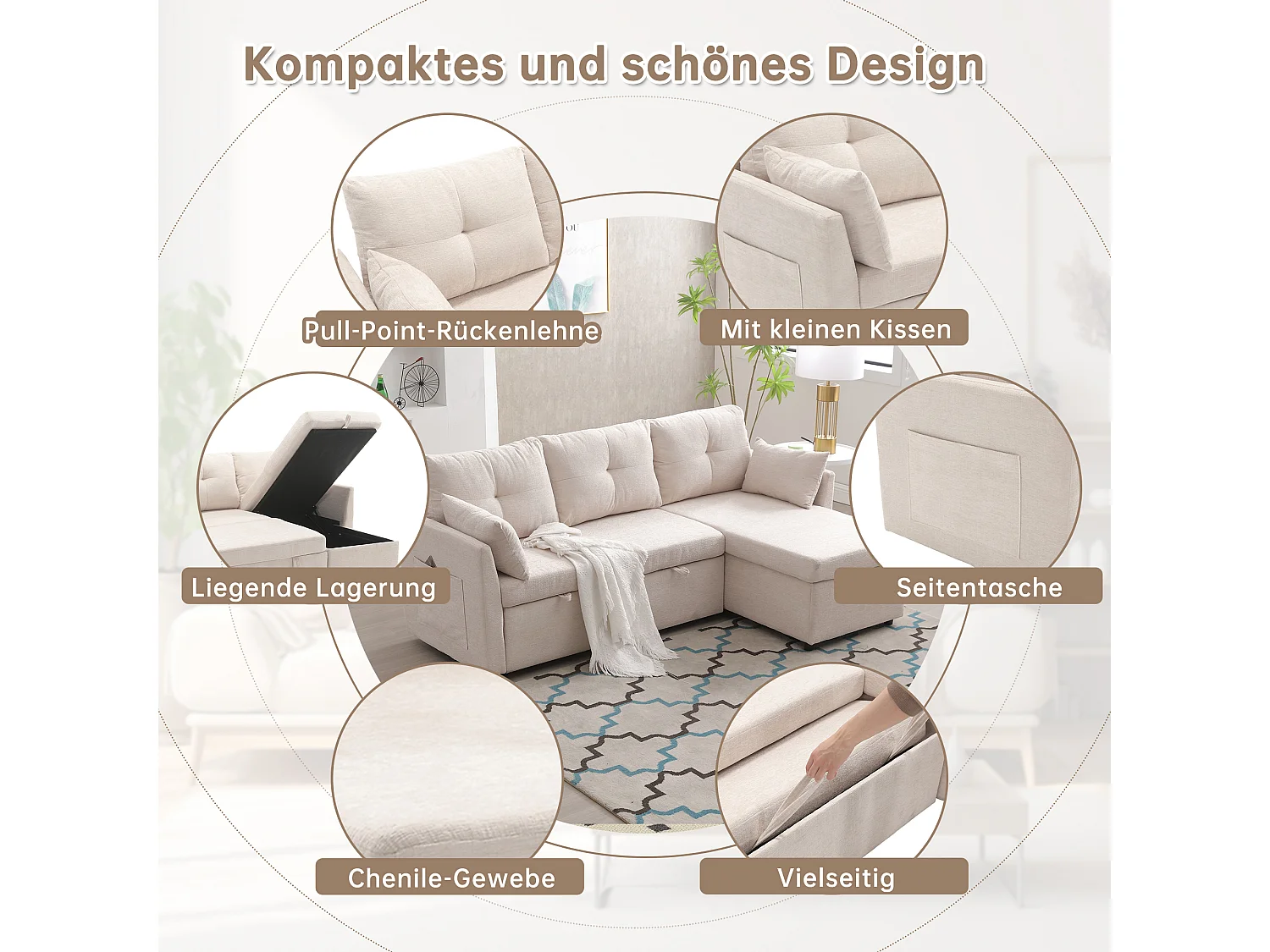 Canapé 3 places convertible - 206 x 130 x 88 cm - canapé modulaire - avec rangement - Polyester - beige