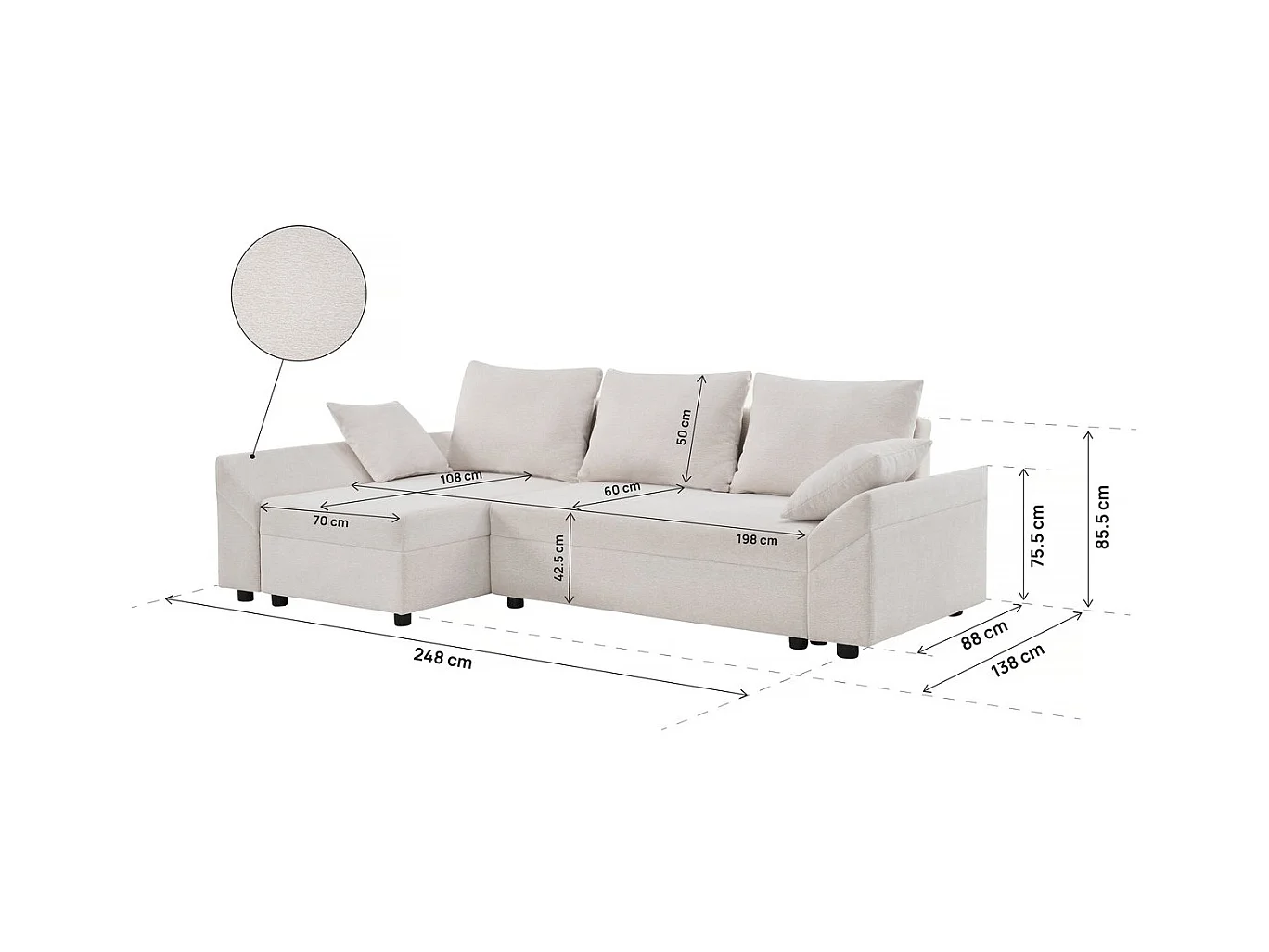 Canapé d'angle convertible et reversible en tissu texturé "Vaugirard II" - 3 places - Beige