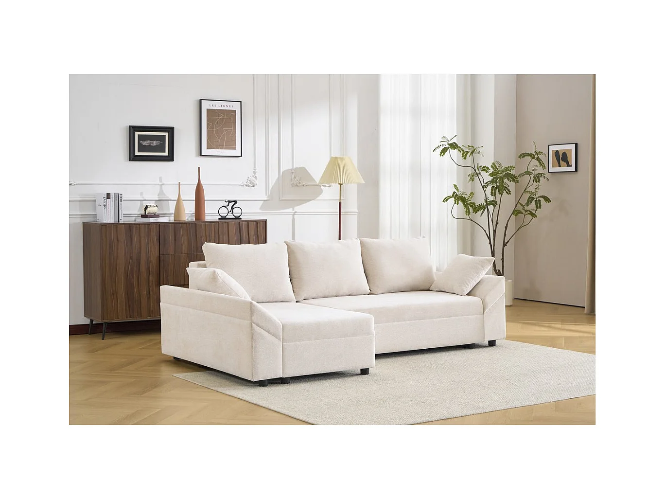 Sofá esquinero convertible y reversible "Vaugirard II" en tejido texturizado - 3 plazas - Beige