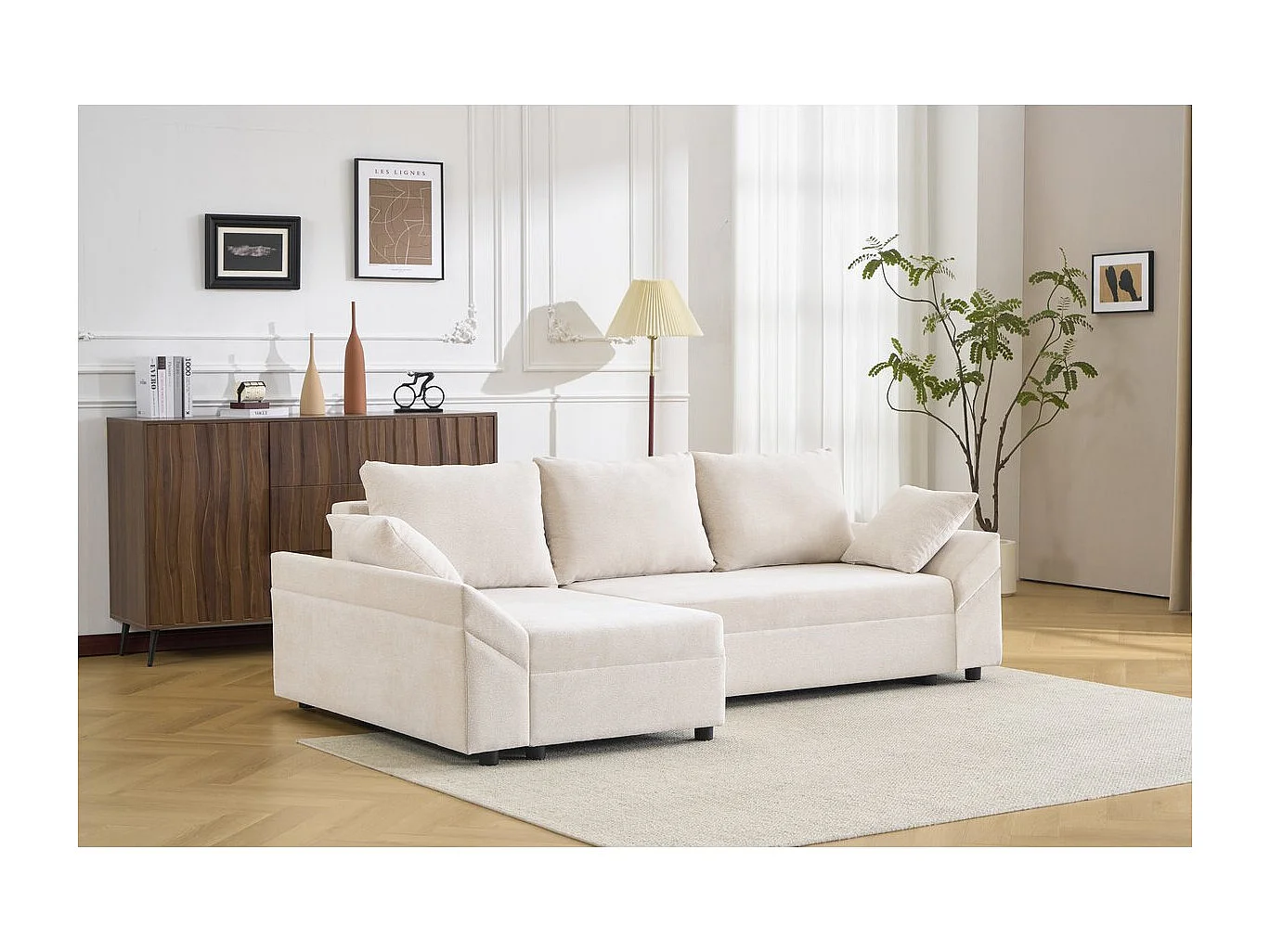 Canapé d'angle convertible et reversible en tissu texturé "Vaugirard II" - 3 places - Beige