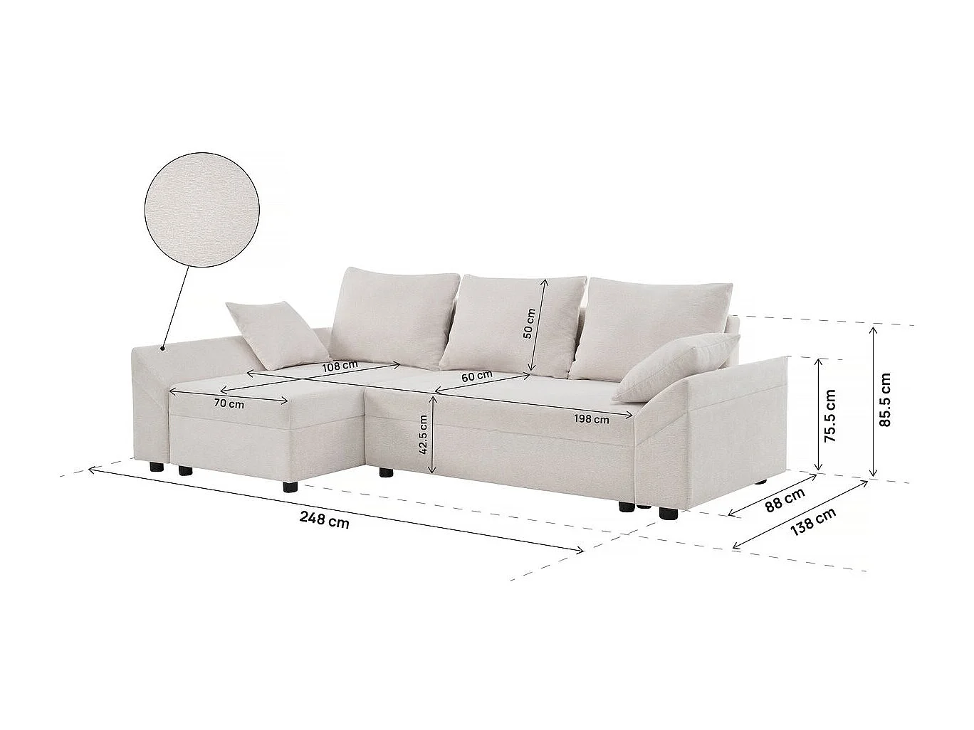 Canapé d'angle convertible et reversible en tissu texturé "Vaugirard II" - 3 places - Beige