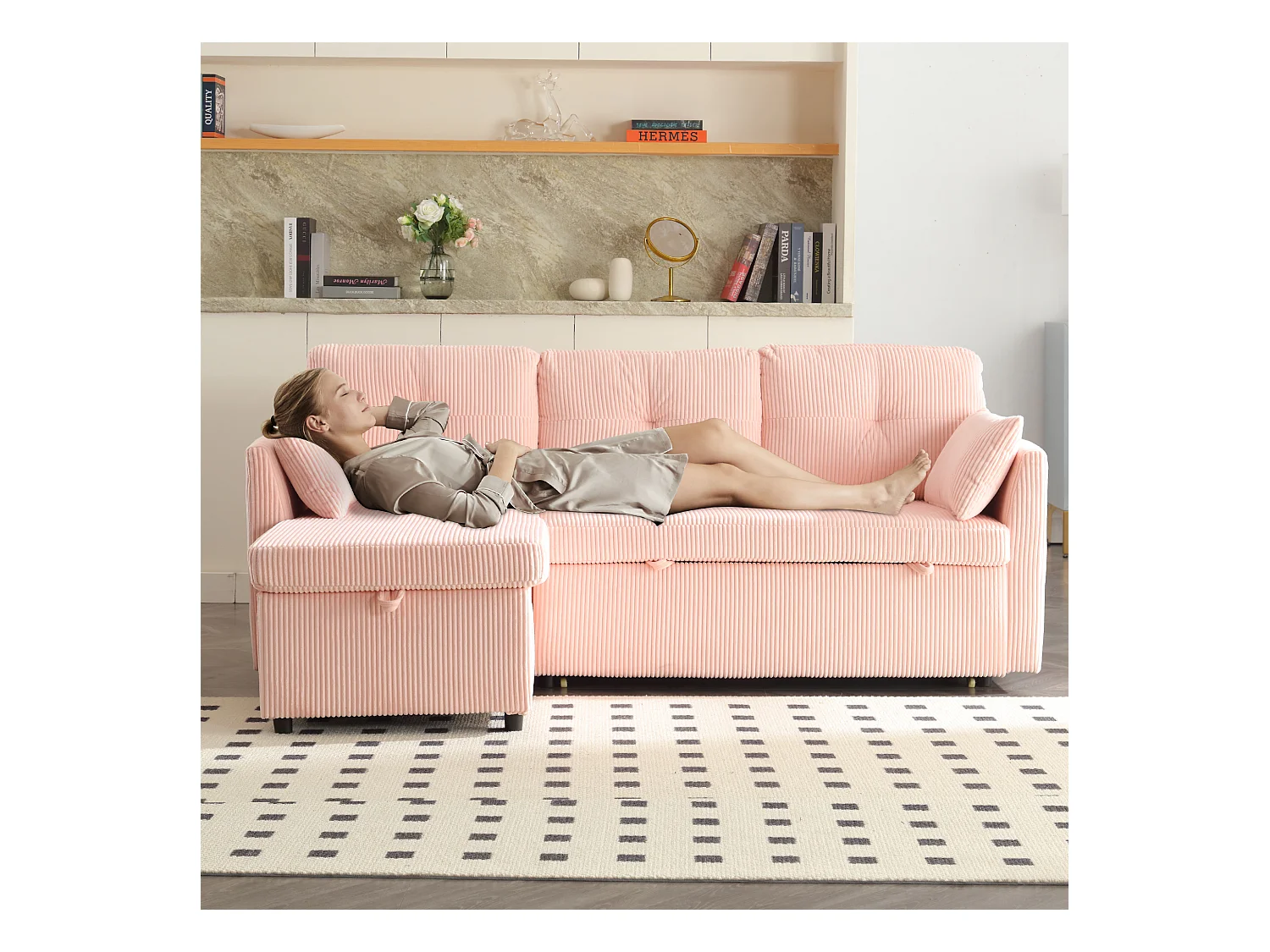Canapé 3 places convertible - 206 x 130 x 88 cm - canapé modulaire - avec rangement - velours - rose