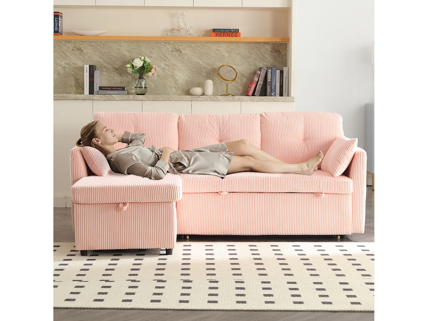 Sofa rozkładana 3-osobowa - 206 x 130 x 88 cm - sofa modułowa - ze schowkiem - aksamitna - różowa
