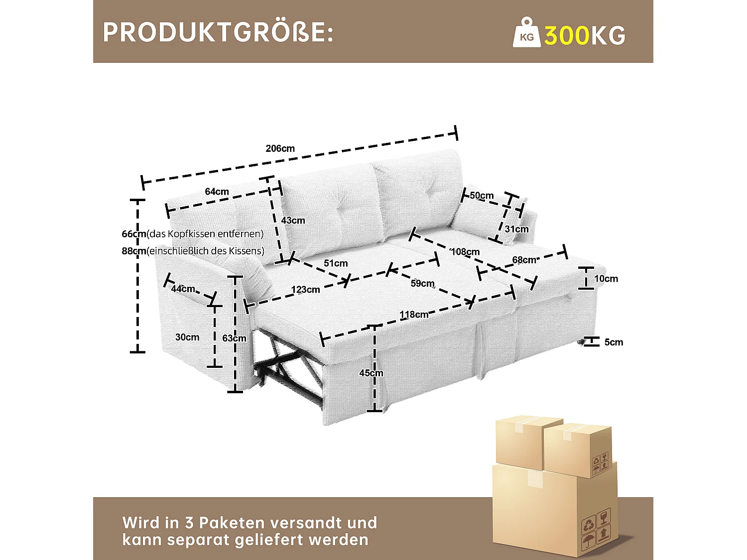Sofa rozkładana 3-osobowa - 206 x 130 x 88 cm - sofa modułowa - ze schowkiem - aksamitna - różowa