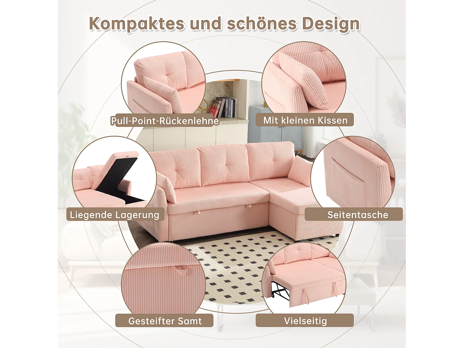 Sofa rozkładana 3-osobowa - 206 x 130 x 88 cm - sofa modułowa - ze schowkiem - aksamitna - różowa