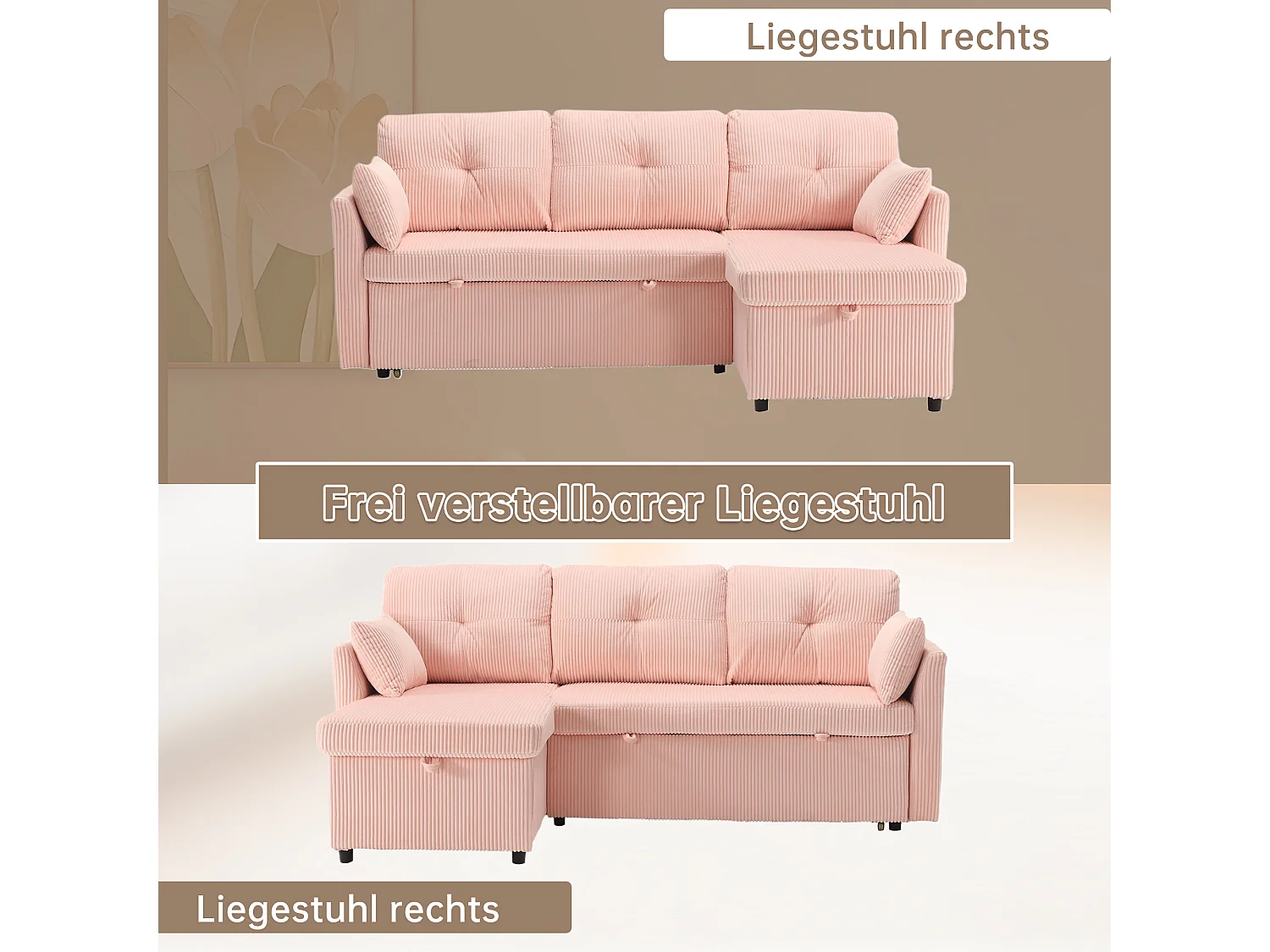 Sofa rozkładana 3-osobowa - 206 x 130 x 88 cm - sofa modułowa - ze schowkiem - aksamitna - różowa