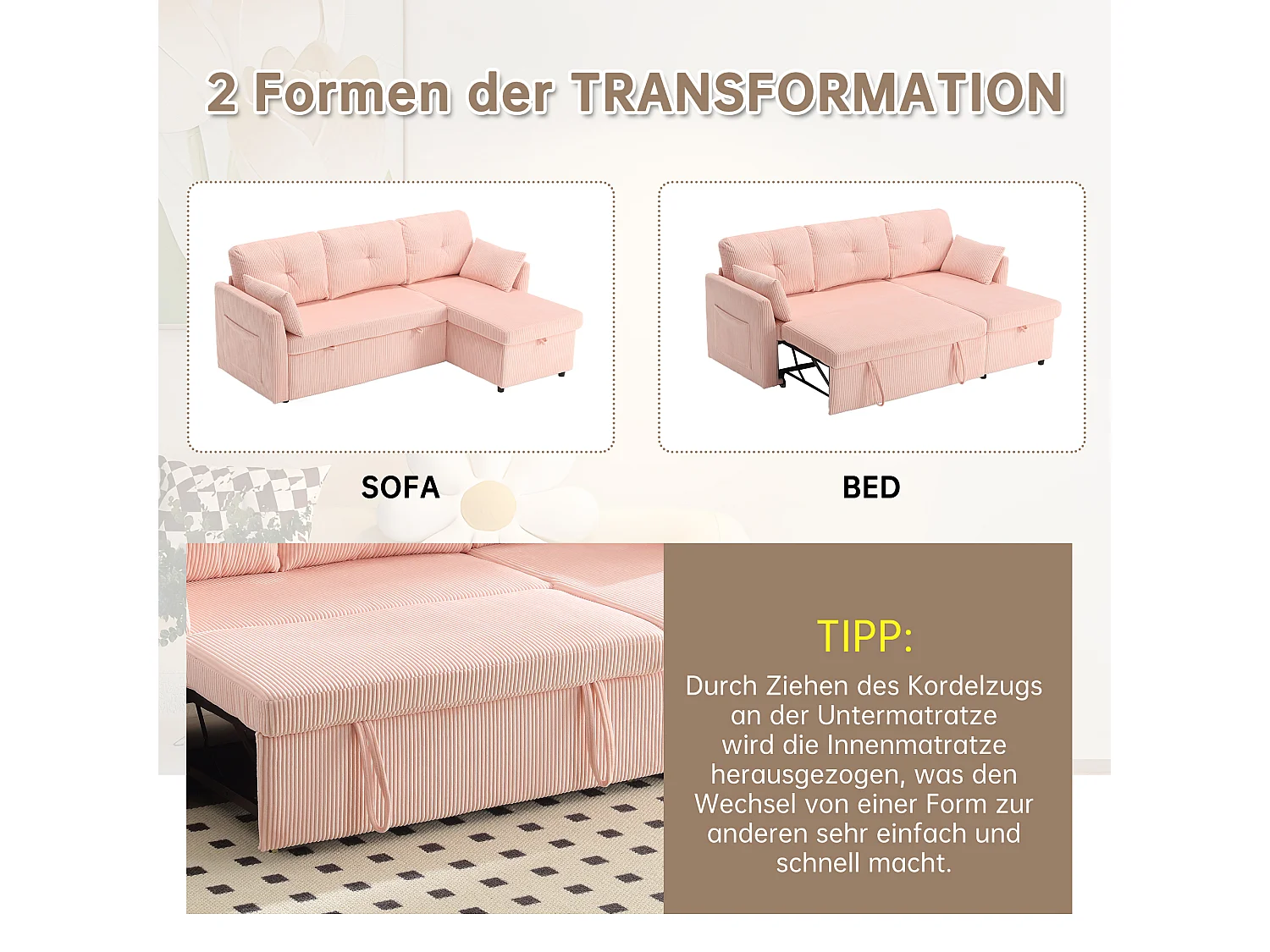Sofa rozkładana 3-osobowa - 206 x 130 x 88 cm - sofa modułowa - ze schowkiem - aksamitna - różowa