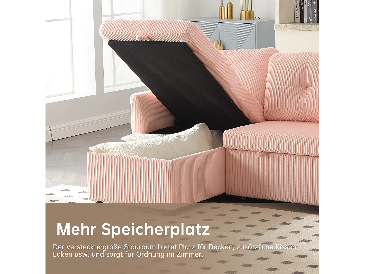 Sofa rozkładana 3-osobowa - 206 x 130 x 88 cm - sofa modułowa - ze schowkiem - aksamitna - różowa