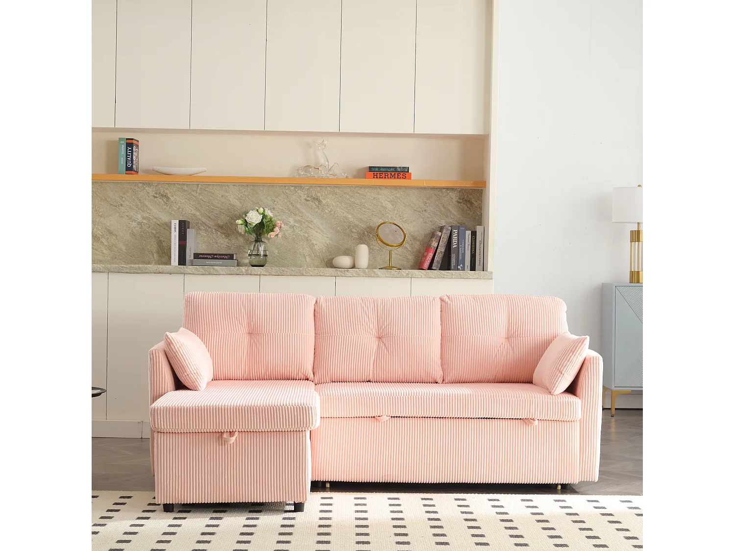Sofa rozkładana 3-osobowa - 206 x 130 x 88 cm - sofa modułowa - ze schowkiem - aksamitna - różowa