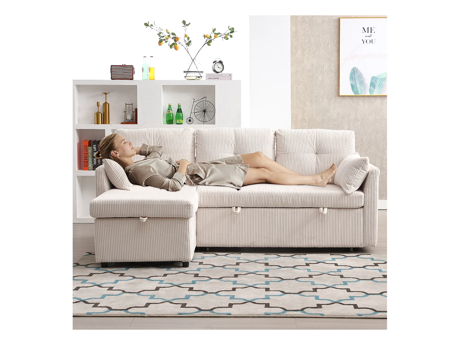 Canapé 3 places convertible - 206 x 130 x 88 cm - canapé modulaire - avec rangement - velours - beige