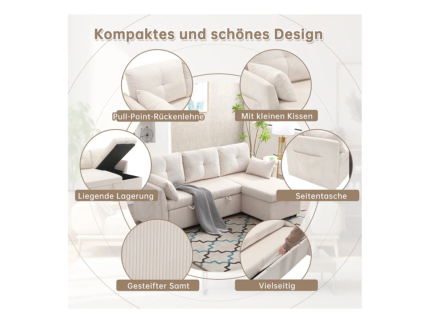 Canapé 3 places convertible - 206 x 130 x 88 cm - canapé modulaire - avec rangement - velours - beige