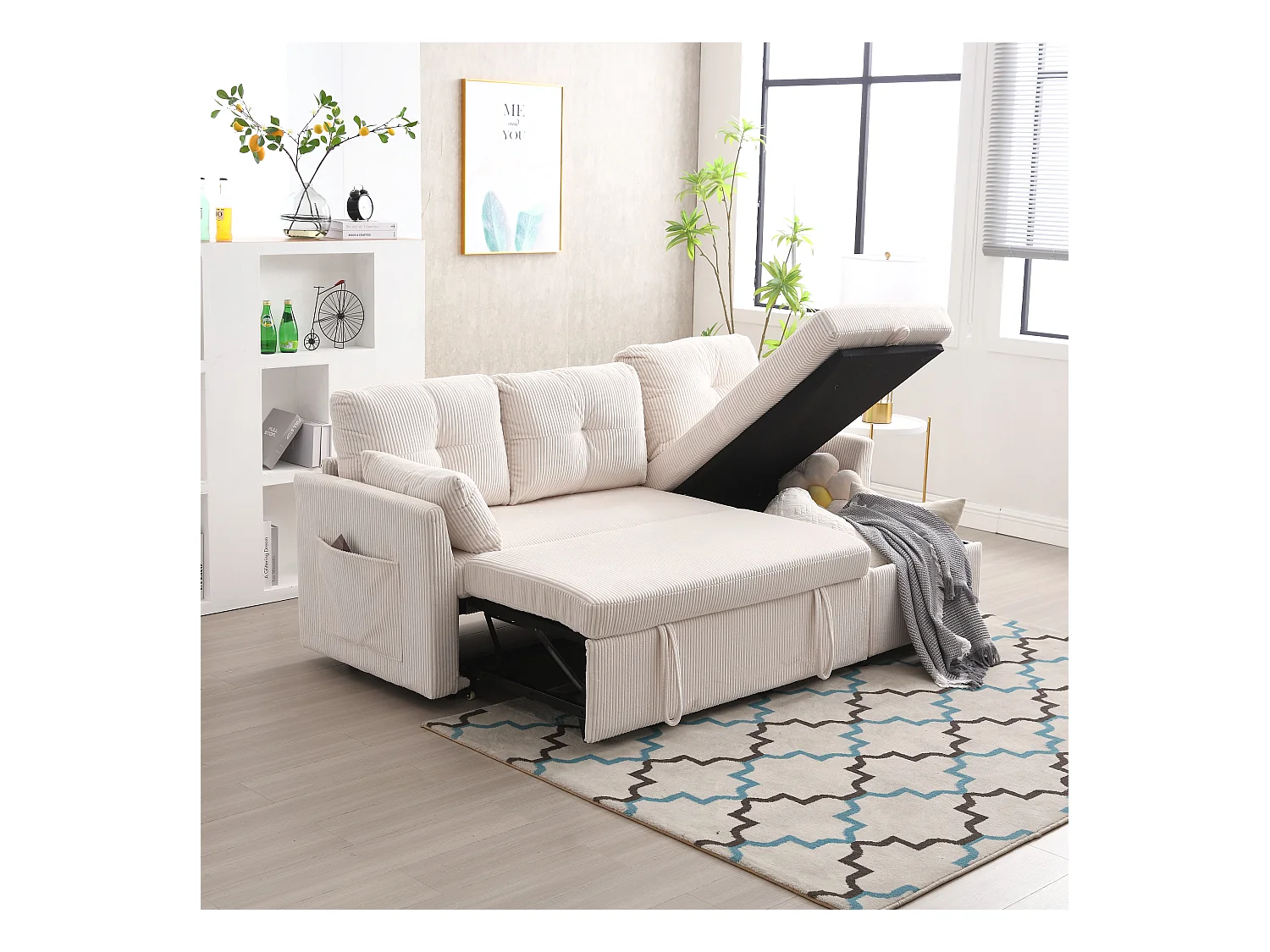 Canapé 3 places convertible - 206 x 130 x 88 cm - canapé modulaire - avec rangement - velours - beige