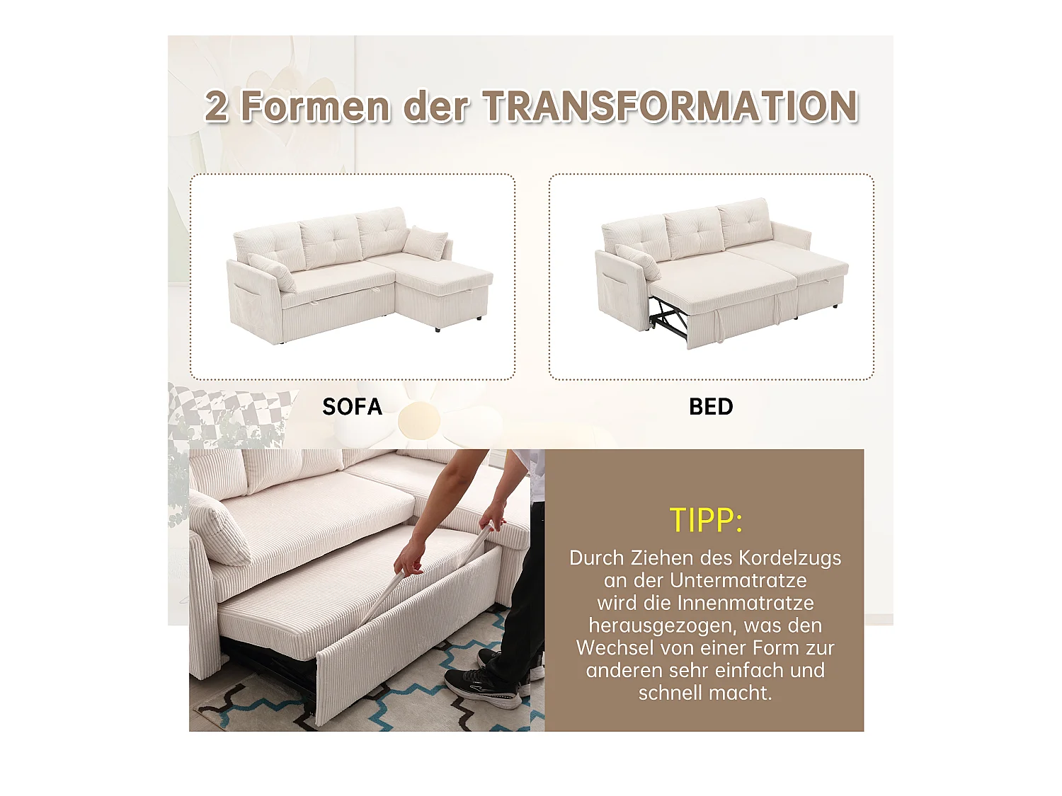 Canapé 3 places convertible - 206 x 130 x 88 cm - canapé modulaire - avec rangement - velours - beige