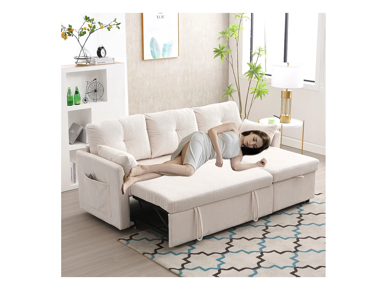 Canapé 3 places convertible - 206 x 130 x 88 cm - canapé modulaire - avec rangement - velours - beige