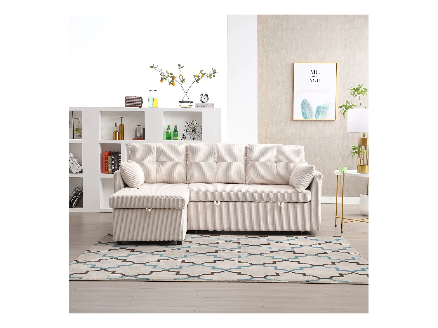 Canapé 3 places convertible - 206 x 130 x 88 cm - canapé modulaire - avec rangement - velours - beige