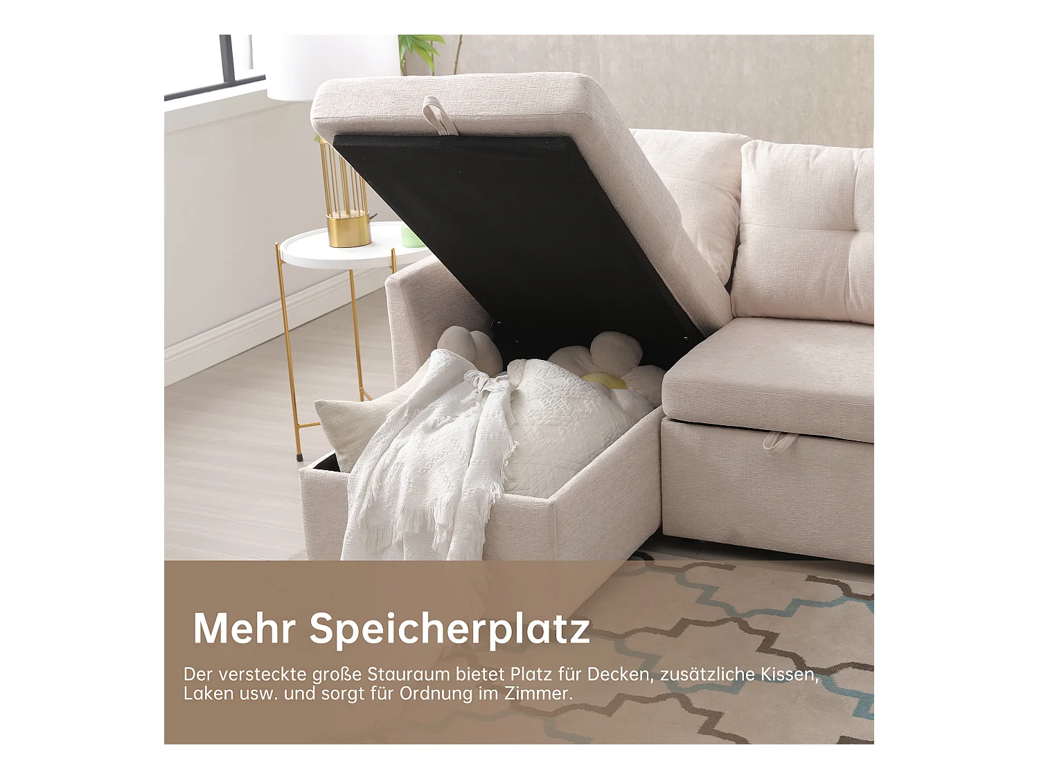 Canapé 3 places convertible - 206 x 130 x 88 cm - canapé modulaire - avec rangement - velours - beige