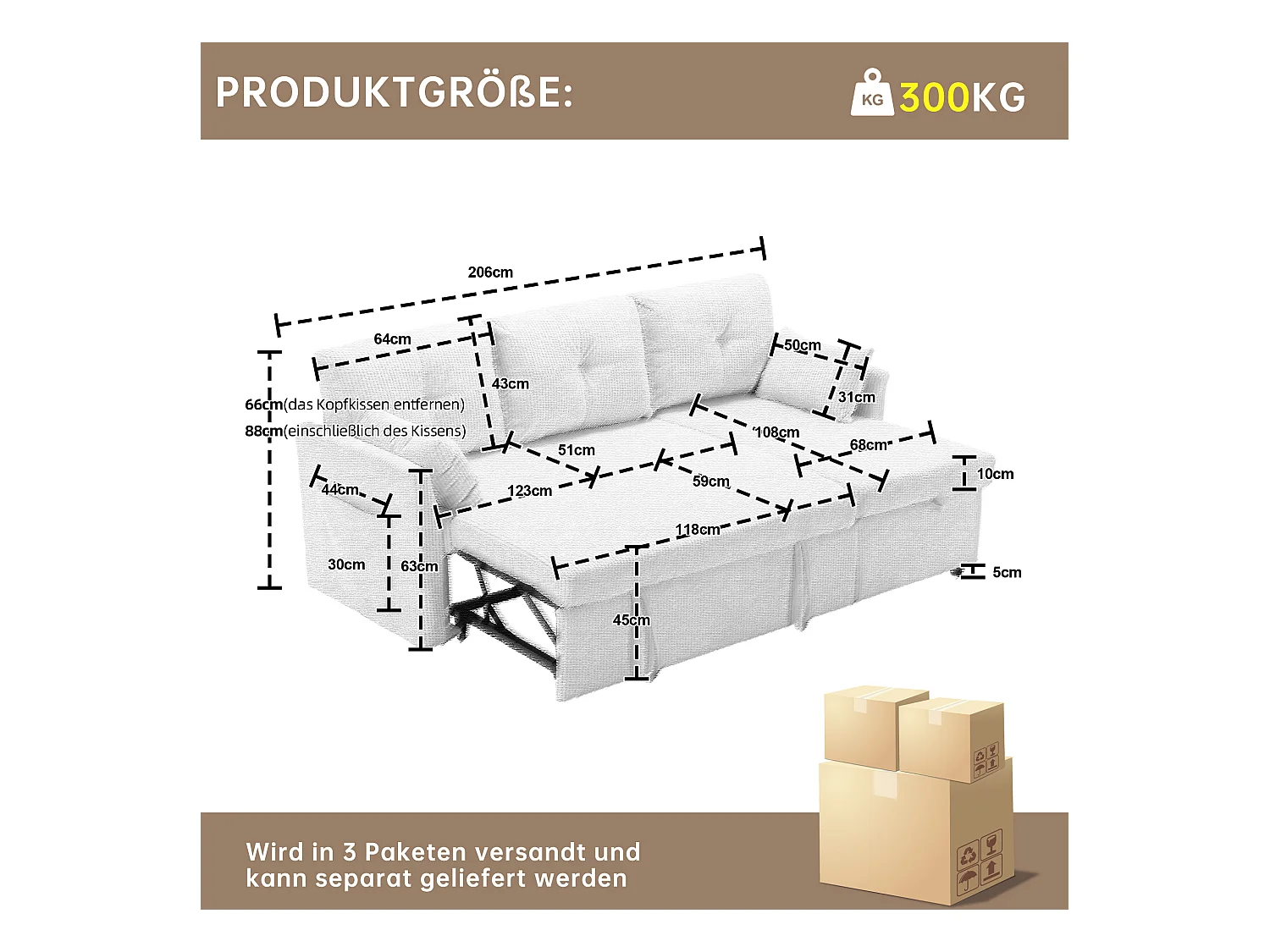 Canapé 3 places convertible - 206 x 130 x 88 cm - canapé modulaire - avec rangement - velours - beige