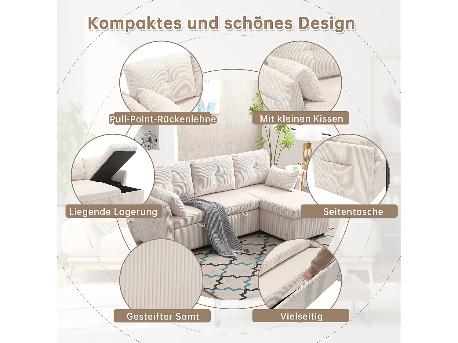 Divano trasformabile 3 posti - 206 x 130 x 88 cm - divano modulare - con contenitore - velluto - beige