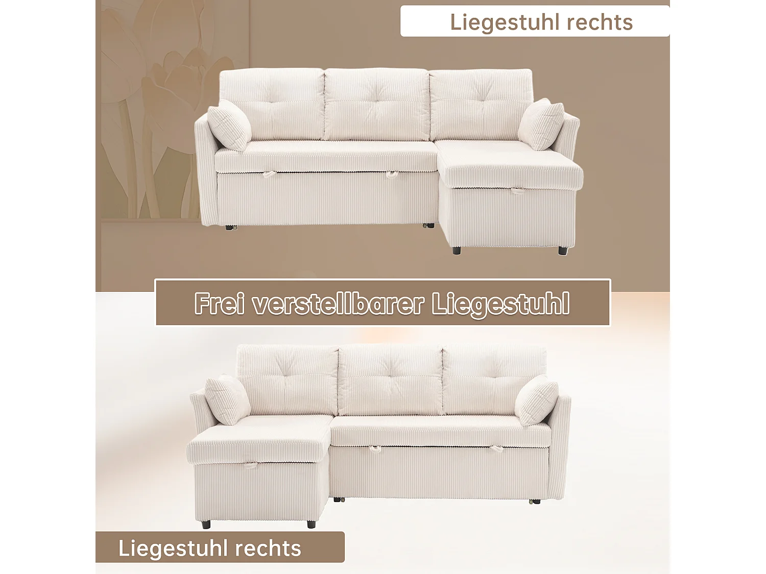 Divano trasformabile 3 posti - 206 x 130 x 88 cm - divano modulare - con contenitore - velluto - beige