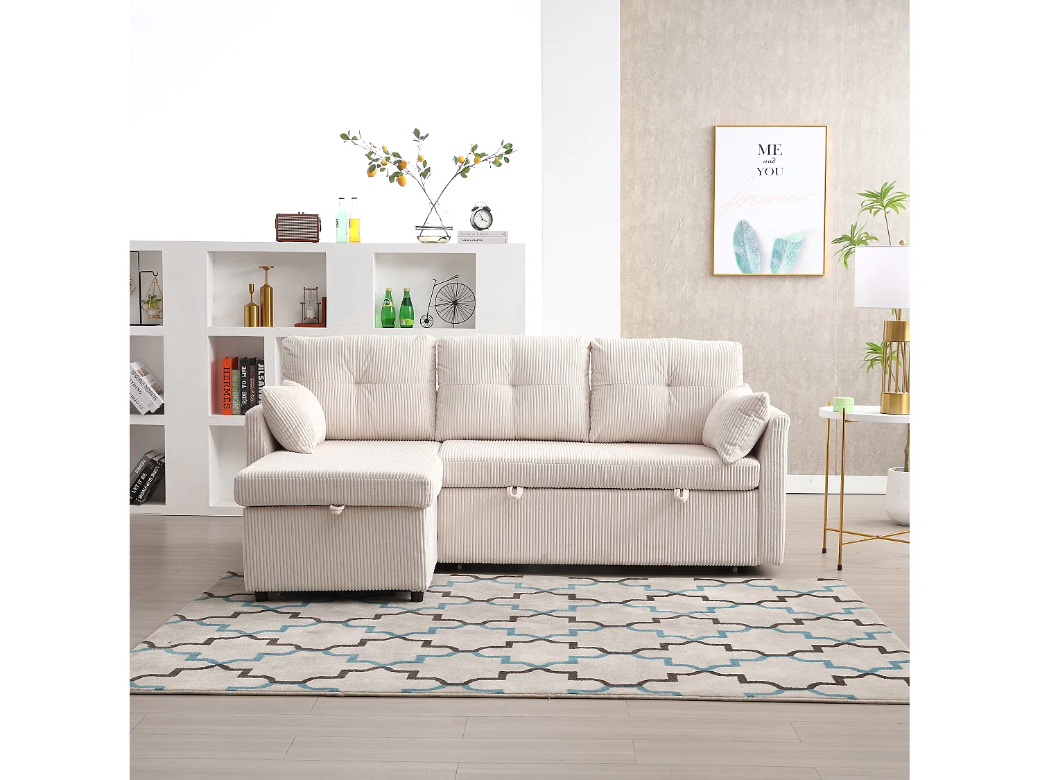 Divano trasformabile 3 posti - 206 x 130 x 88 cm - divano modulare - con contenitore - velluto - beige