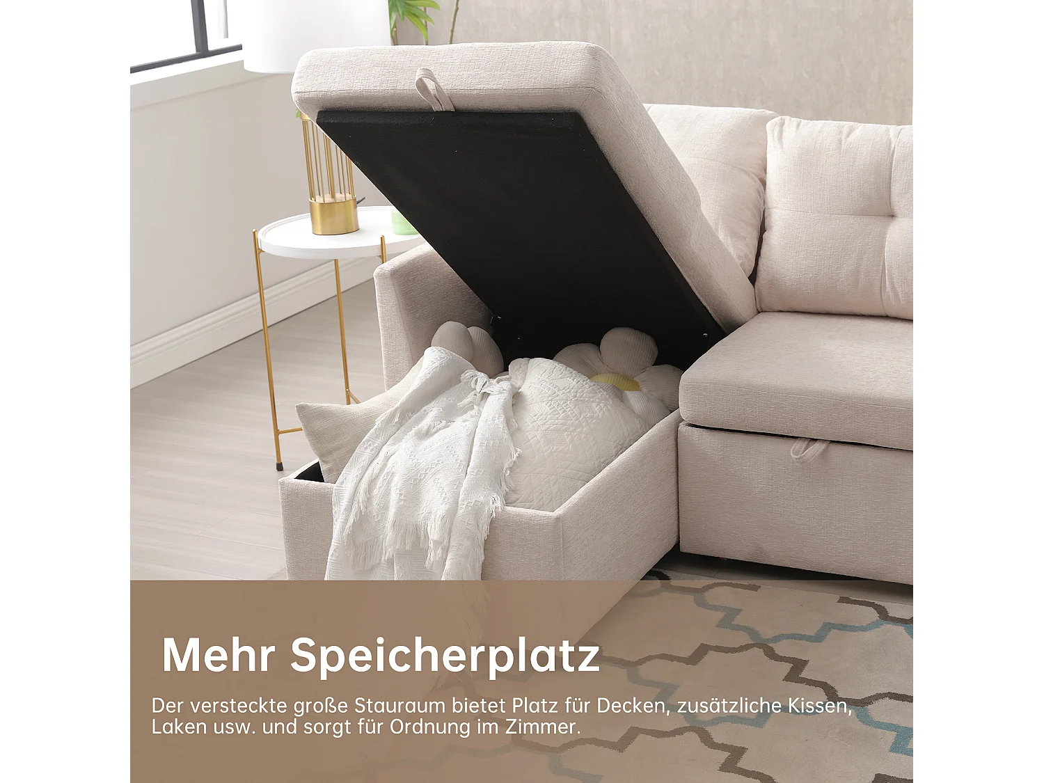 Divano trasformabile 3 posti - 206 x 130 x 88 cm - divano modulare - con contenitore - velluto - beige