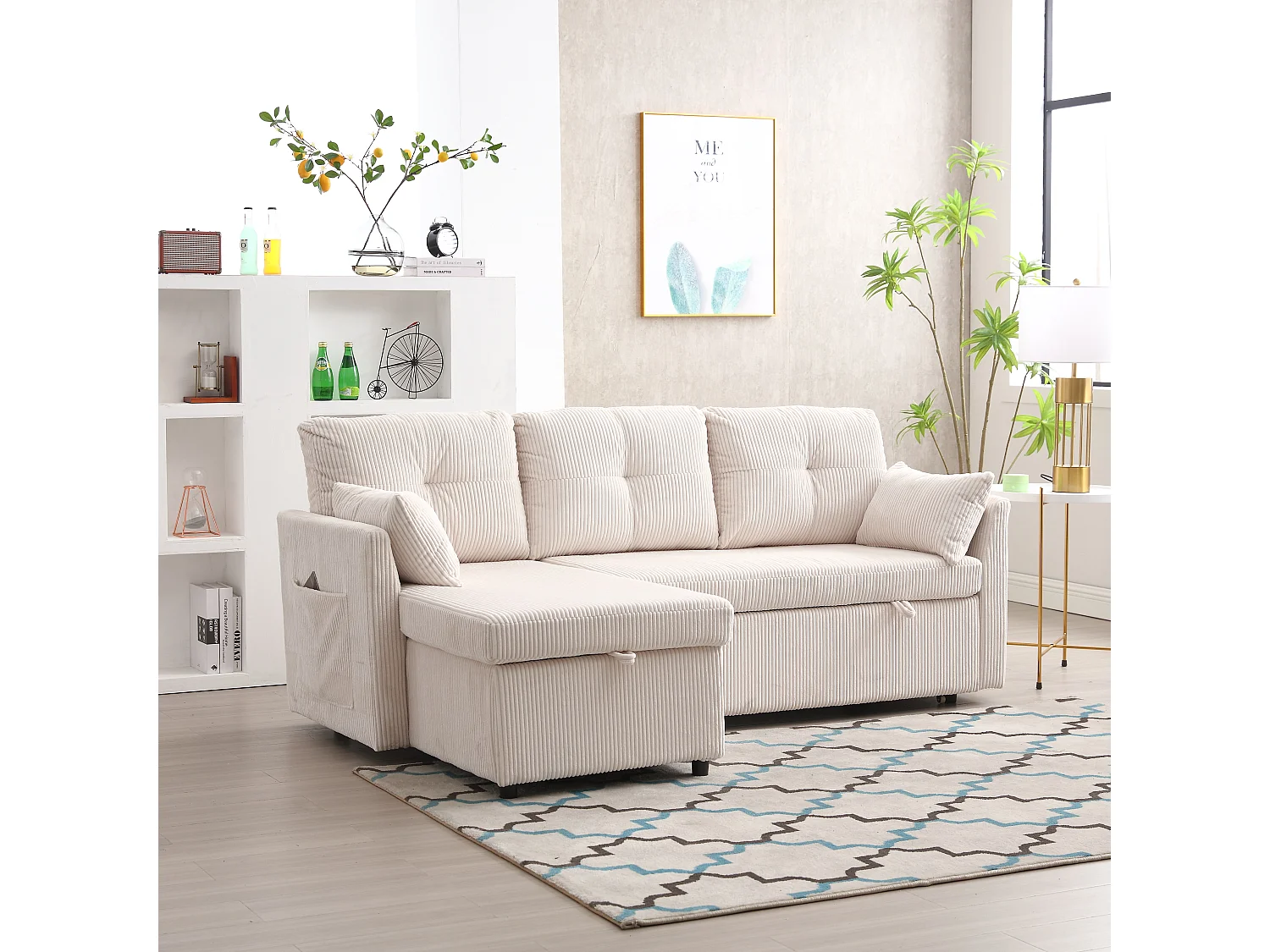 Divano trasformabile 3 posti - 206 x 130 x 88 cm - divano modulare - con contenitore - velluto - beige