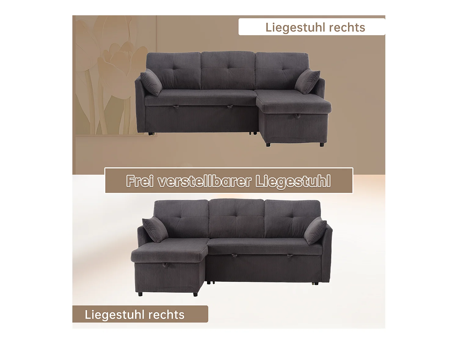 Canapé 3 places convertible - 206 x 130 x 88 cm - canapé modulaire - avec rangement - velours - gris