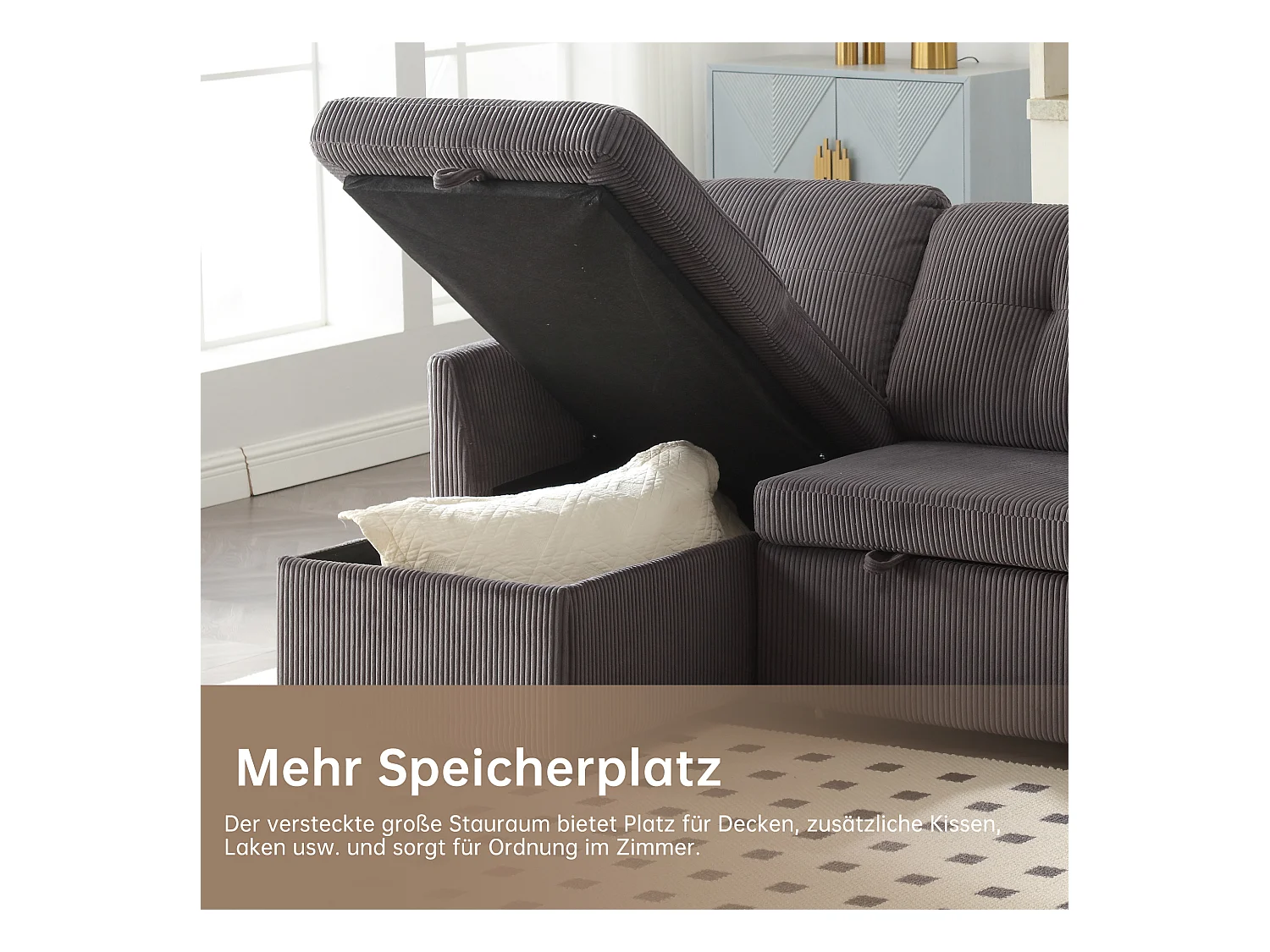 Canapé 3 places convertible - 206 x 130 x 88 cm - canapé modulaire - avec rangement - velours - gris