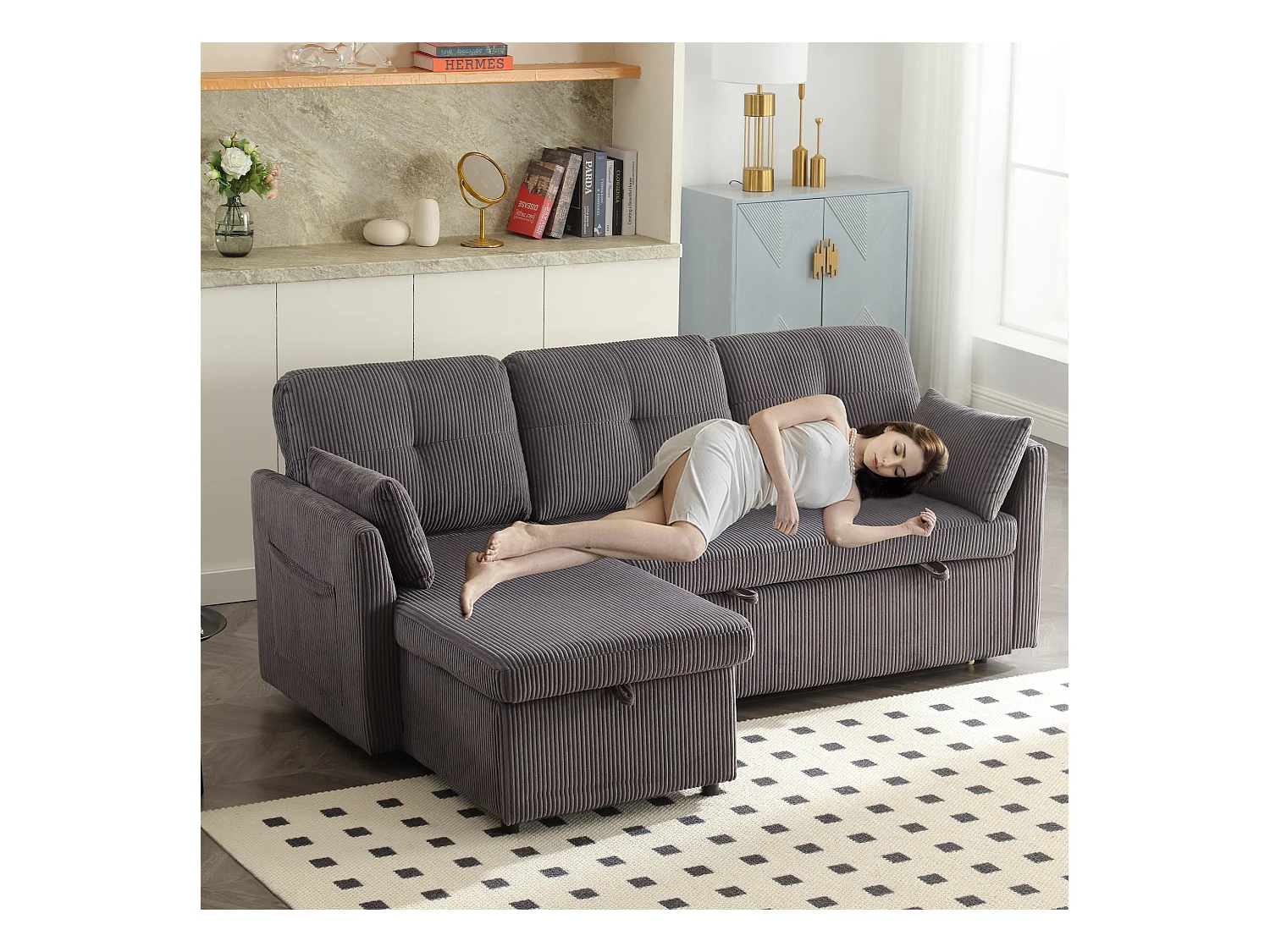 Canapé 3 places convertible - 206 x 130 x 88 cm - canapé modulaire - avec rangement - velours - gris