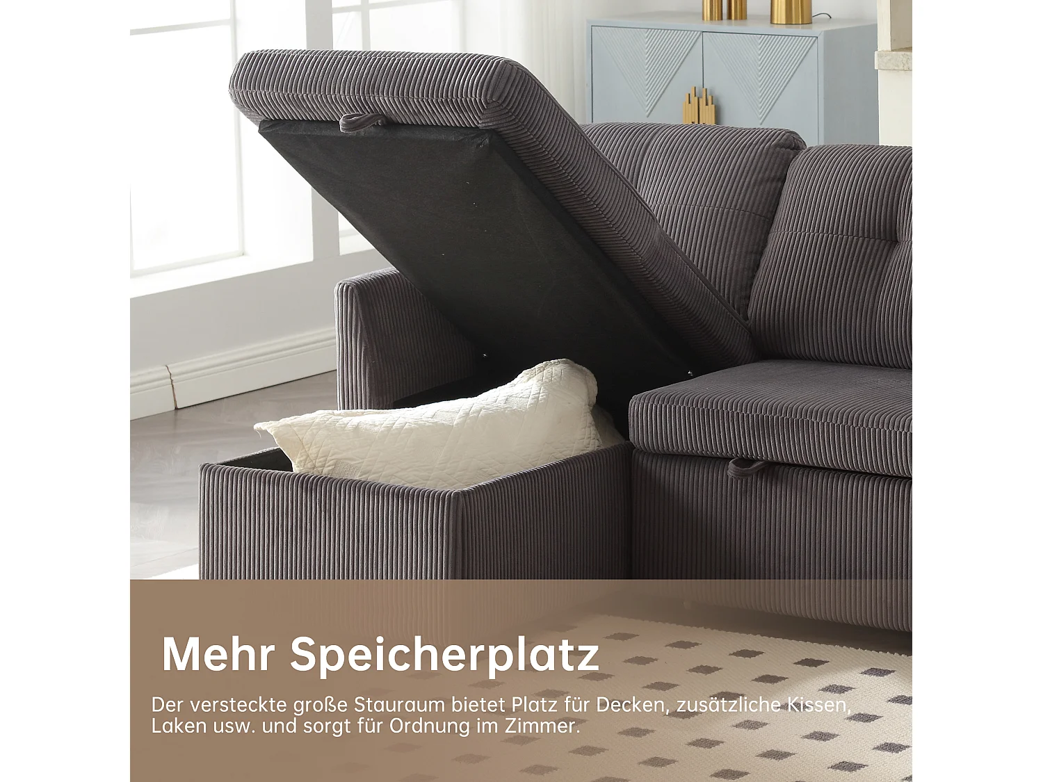 Divano trasformabile 3 posti - 206 x 130 x 88 cm - divano modulare - con contenitore - velluto - grigio