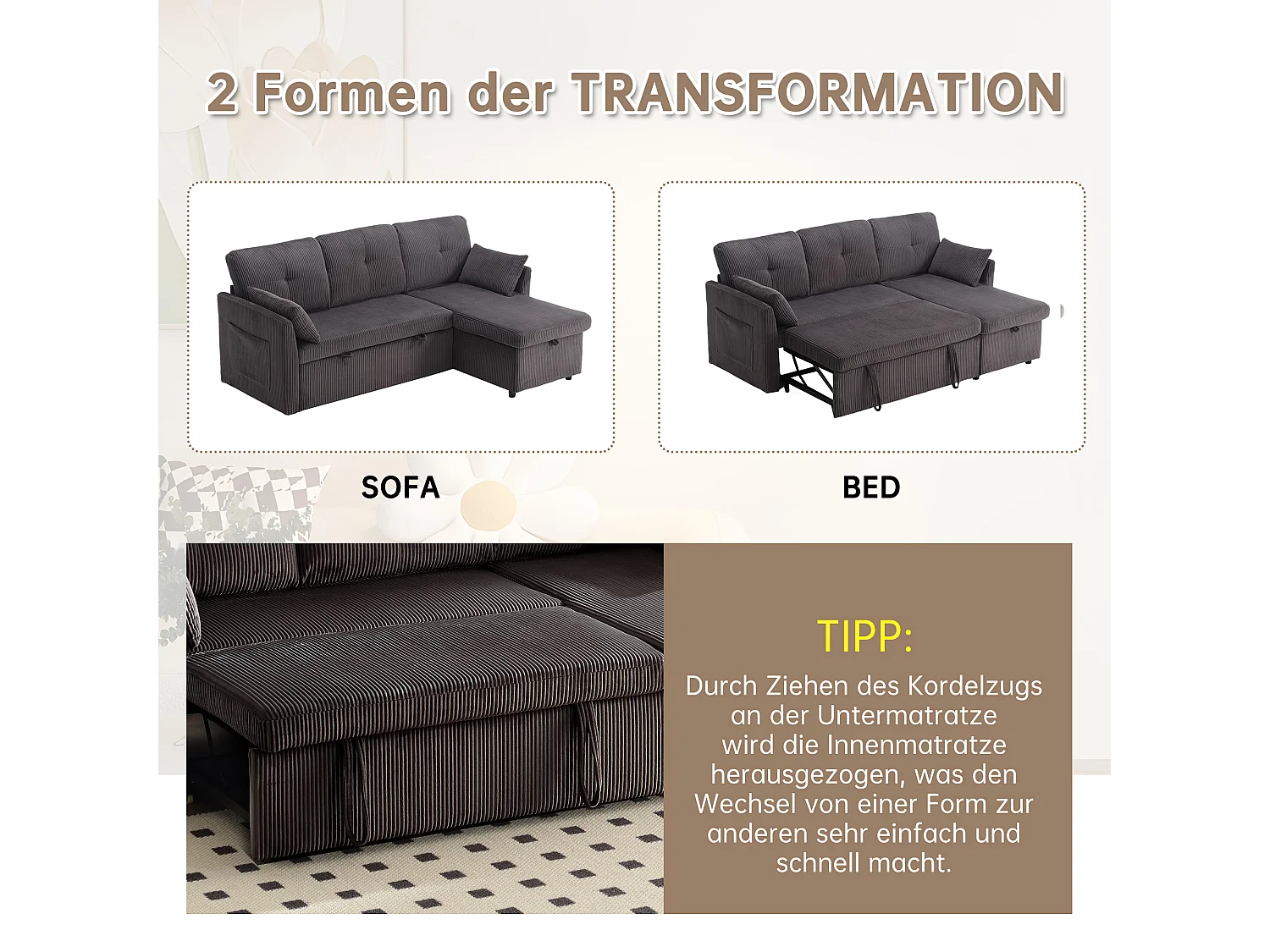 Divano trasformabile 3 posti - 206 x 130 x 88 cm - divano modulare - con contenitore - velluto - grigio