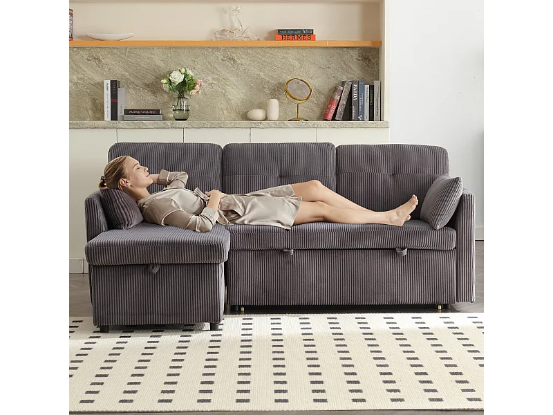 Canapé 3 places convertible - 206 x 130 x 88 cm - canapé modulaire - avec rangement - velours - gris