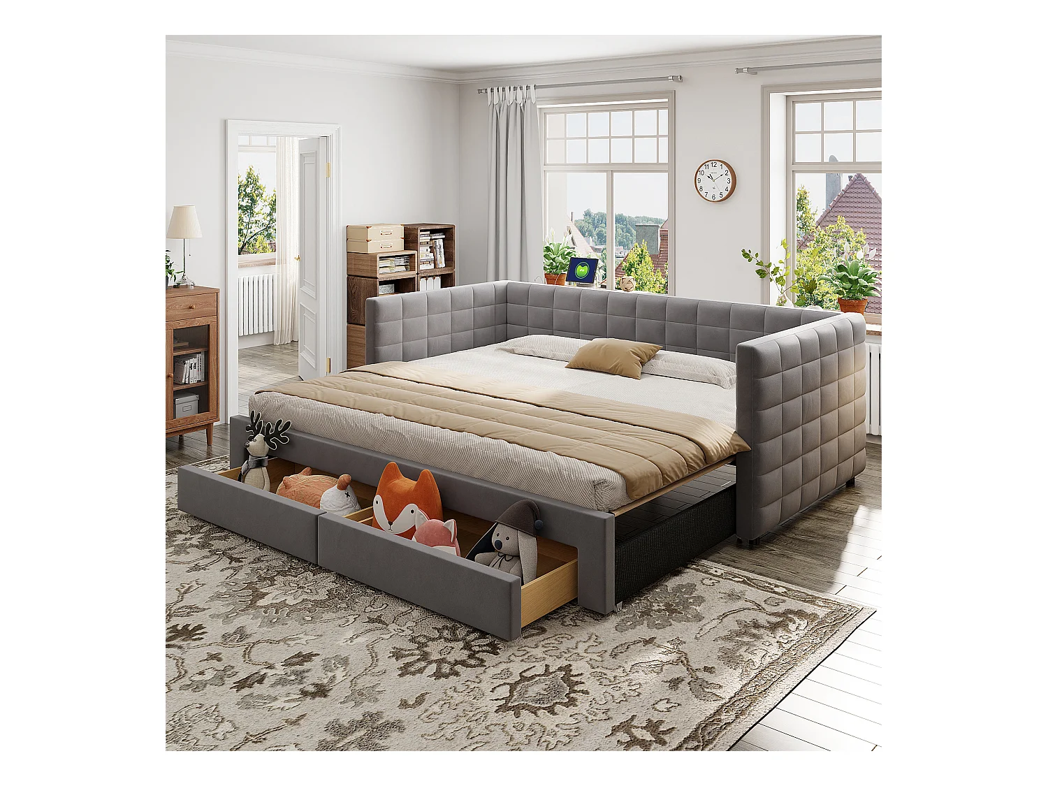 Ausziehbares Schlafsofa - 90/180 x 190 cm - mit 2 Schubladen + Lattenrost - Samt - Grau