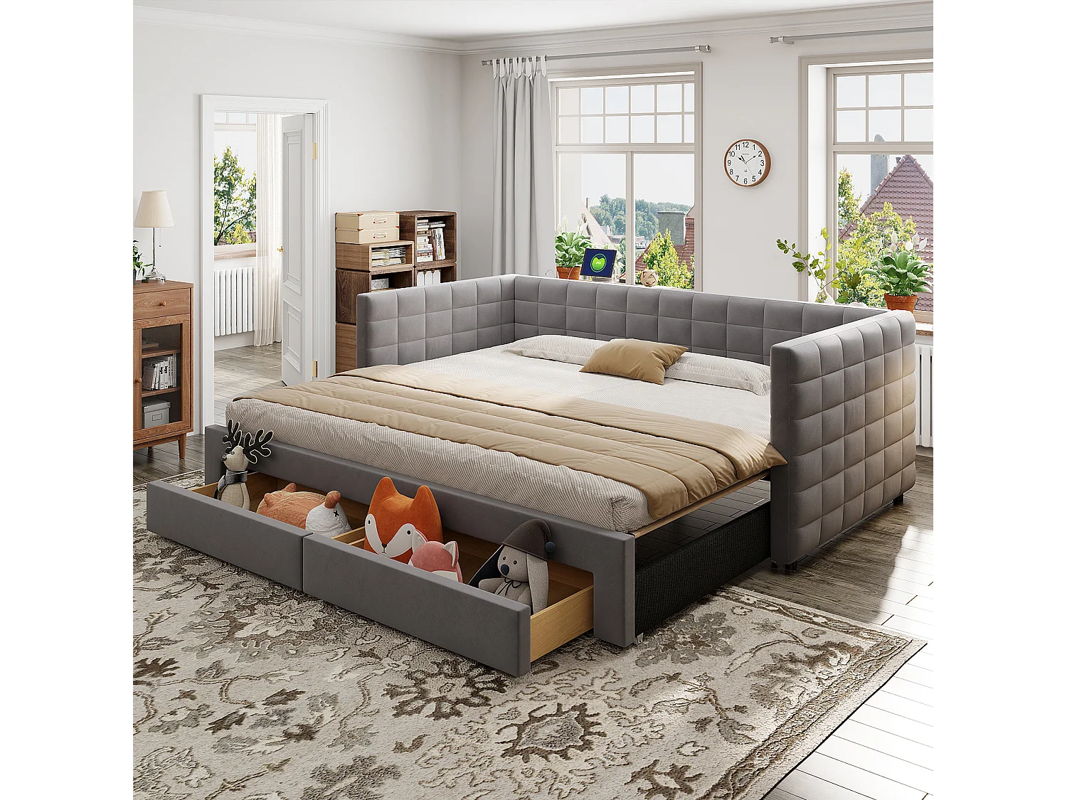 Sofá-cama retrátil - 90/180 x 190 cm - com 2 gavetas + base de ripas - veludo - cinza