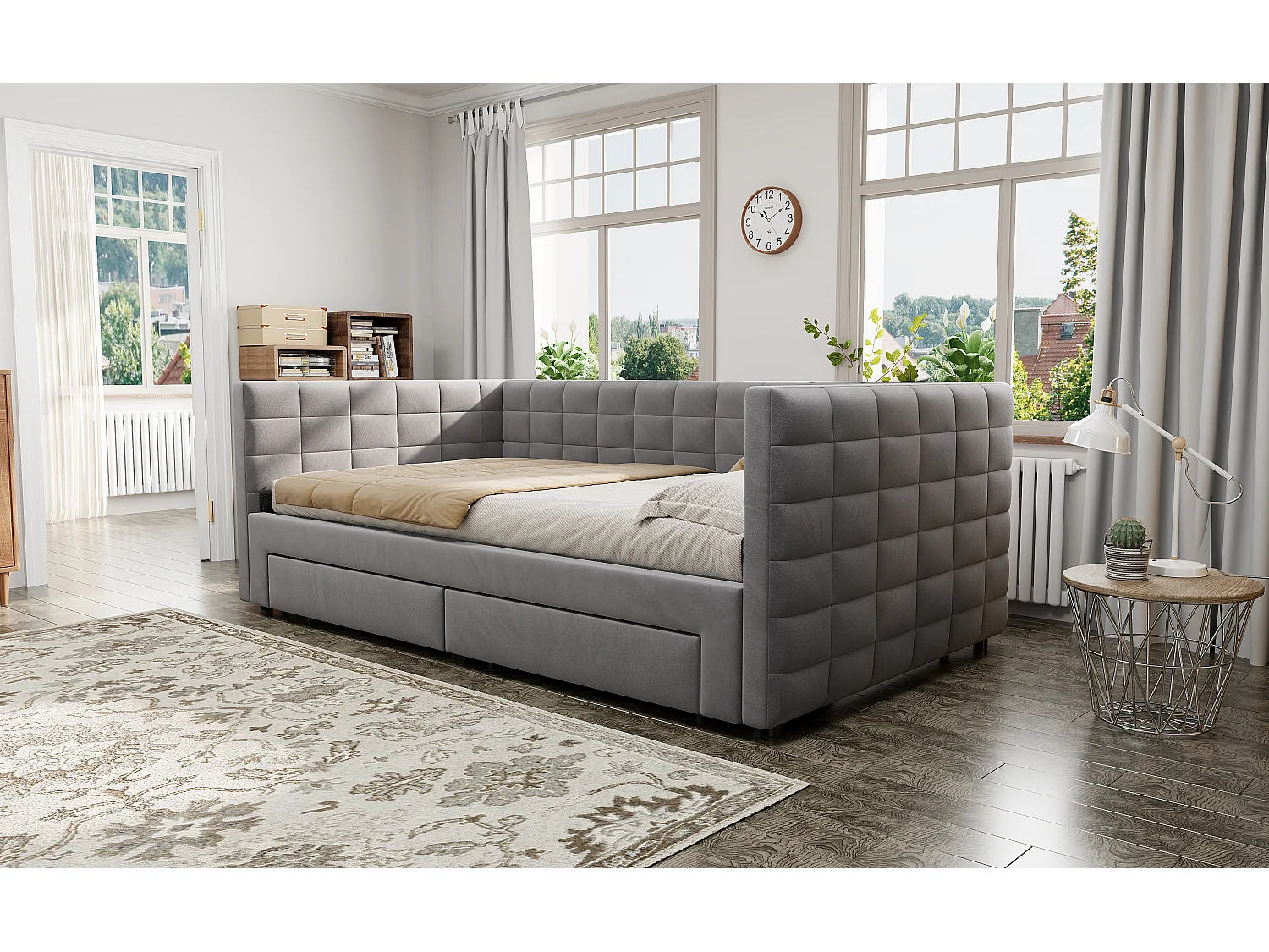 Sofá-cama retrátil - 90/180 x 190 cm - com 2 gavetas + base de ripas - veludo - cinza