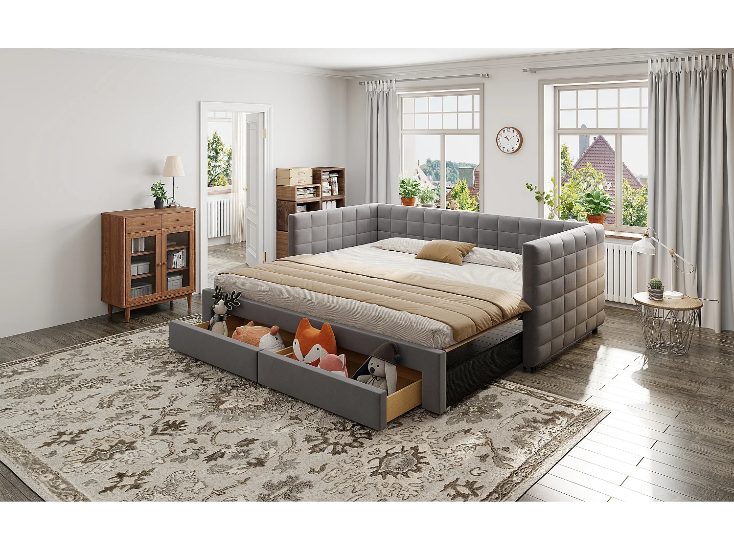 Sofá-cama retrátil - 90/180 x 190 cm - com 2 gavetas + base de ripas - veludo - cinza