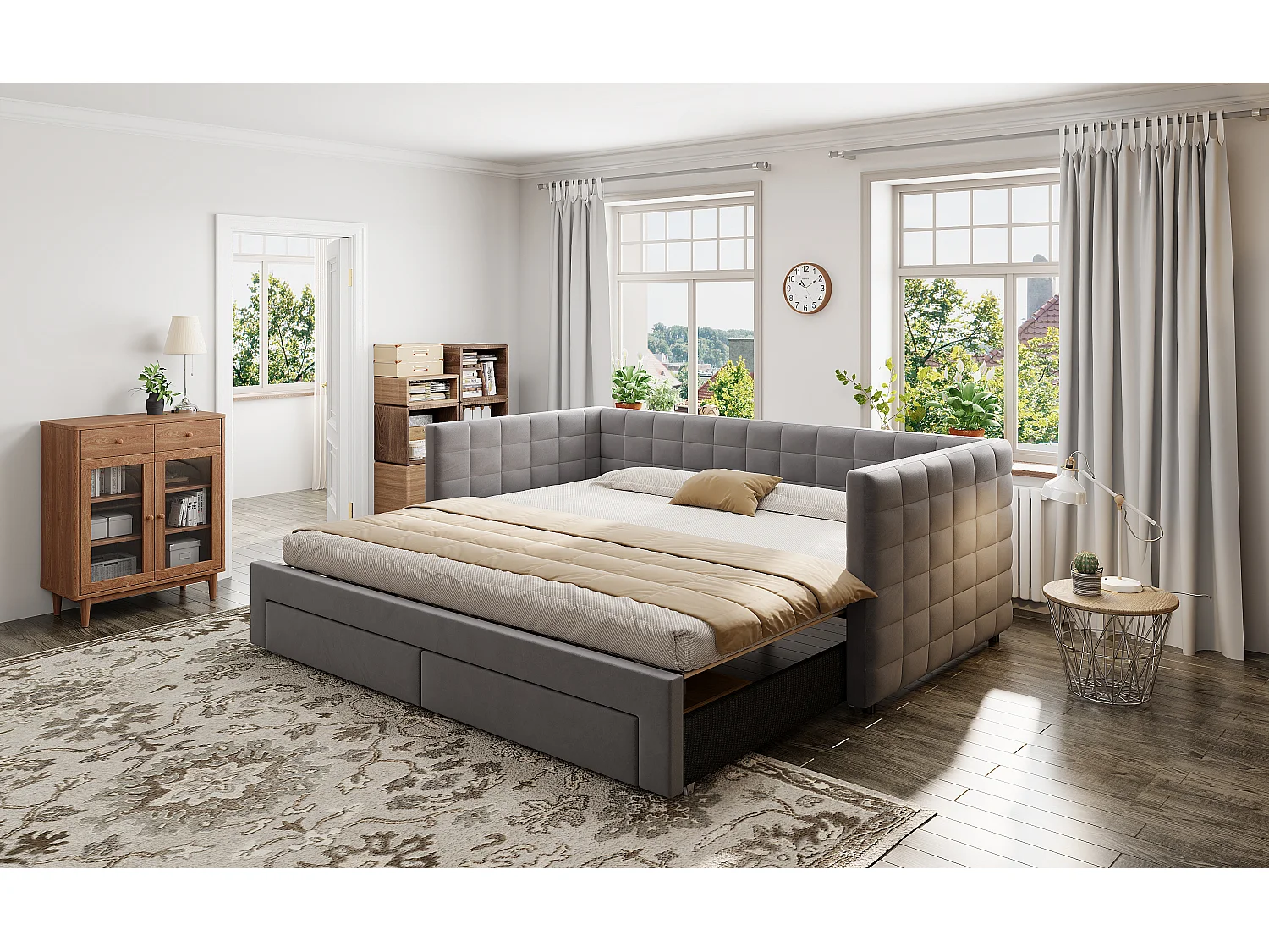 Sofá-cama retrátil - 90/180 x 190 cm - com 2 gavetas + base de ripas - veludo - cinza