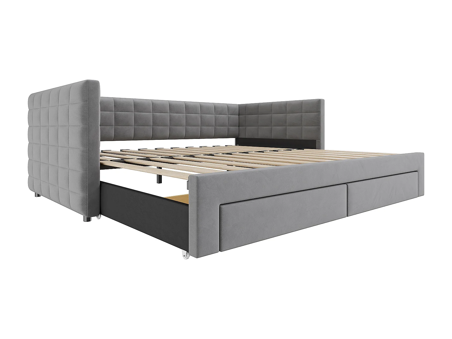 Sofá-cama retrátil - 90/180 x 190 cm - com 2 gavetas + base de ripas - veludo - cinza