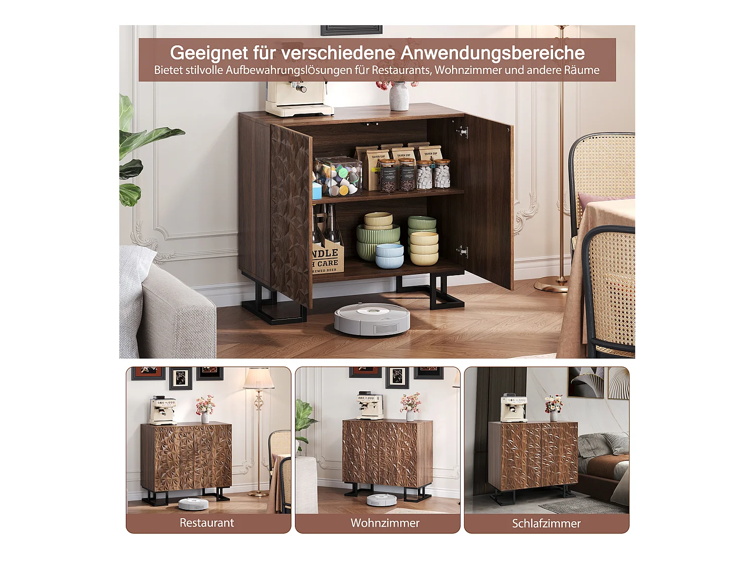 Komoda vintage - 80 x 40 x 78 cm - z wypukłymi liśćmi + drzwi otwierane na zatrzask - MDF - brązowa