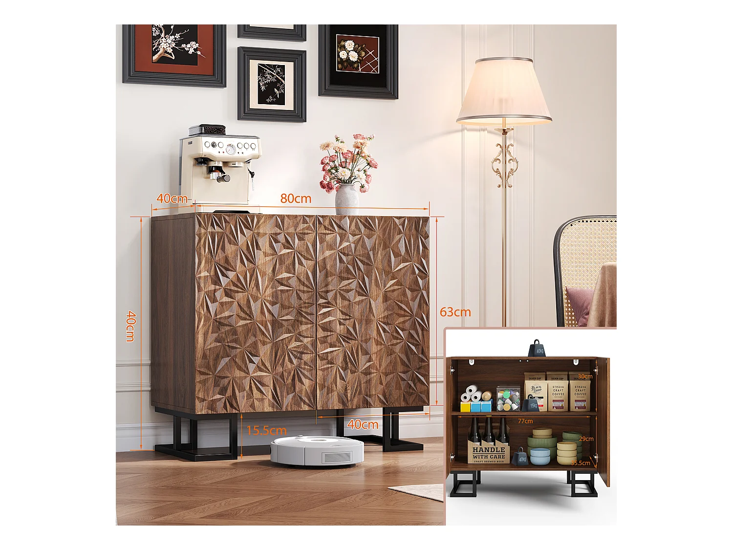 Komoda vintage - 80 x 40 x 78 cm - z wypukłymi liśćmi + drzwi otwierane na zatrzask - MDF - brązowa