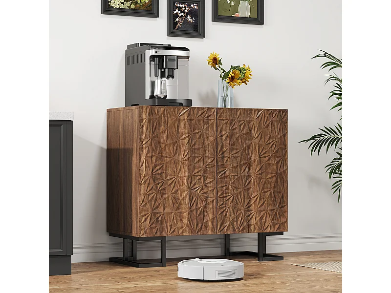 Vintage dressoir - 80 x 40 x 78 cm - met bladreliëf + push-open deuren - MDF - bruin