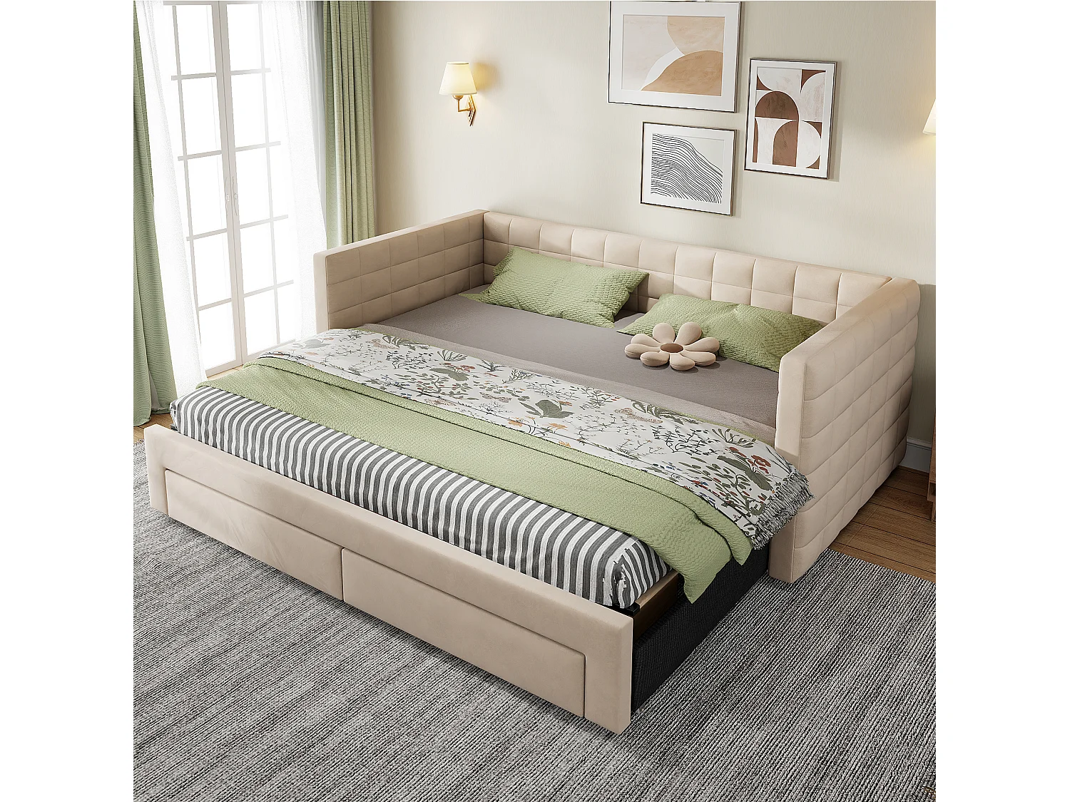 Canapé-lit gigogne - 90/180 x 190 cm - avec 2 tiroirs + sommier à lattes - velours - beige