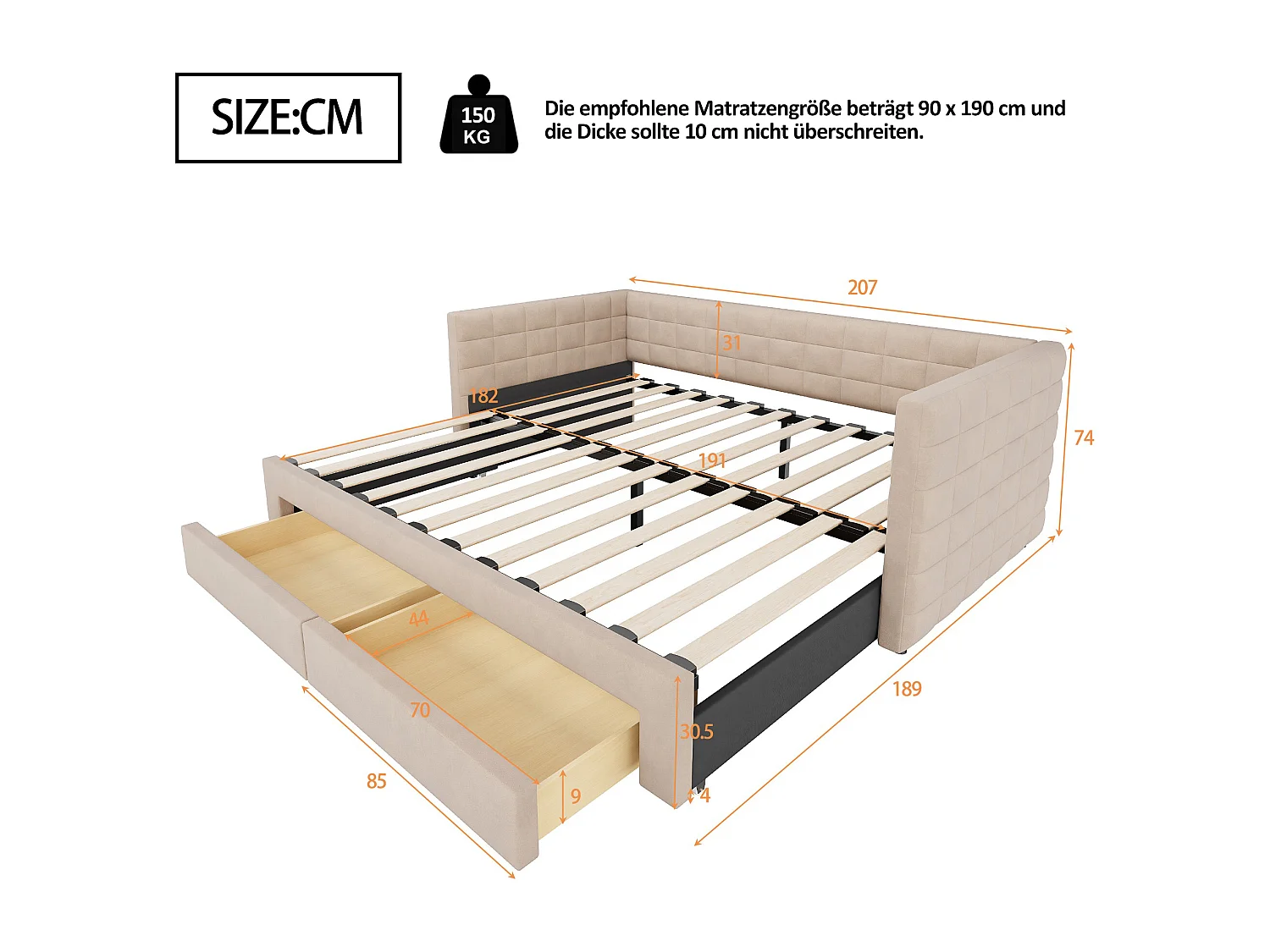 Canapé-lit gigogne - 90/180 x 190 cm - avec 2 tiroirs + sommier à lattes - velours - beige