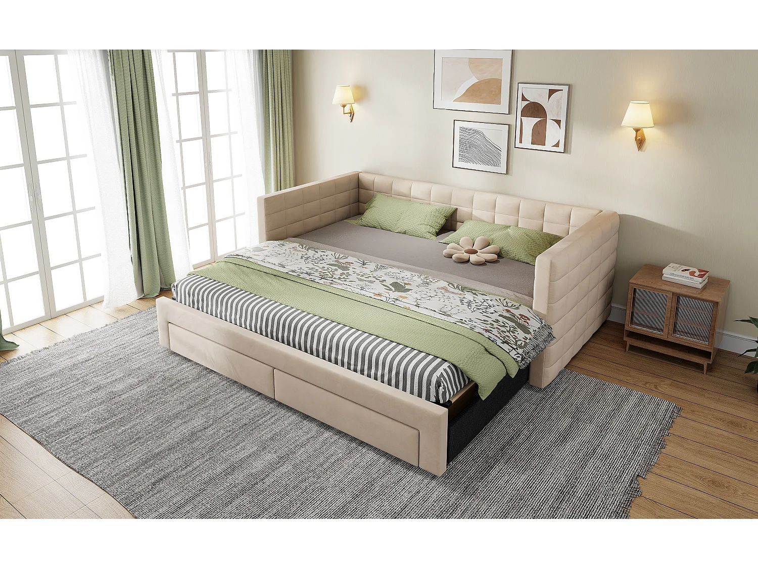 Canapé-lit gigogne - 90/180 x 190 cm - avec 2 tiroirs + sommier à lattes - velours - beige