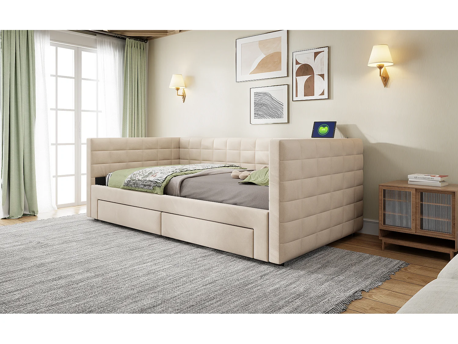 Canapé-lit gigogne - 90/180 x 190 cm - avec 2 tiroirs + sommier à lattes - velours - beige