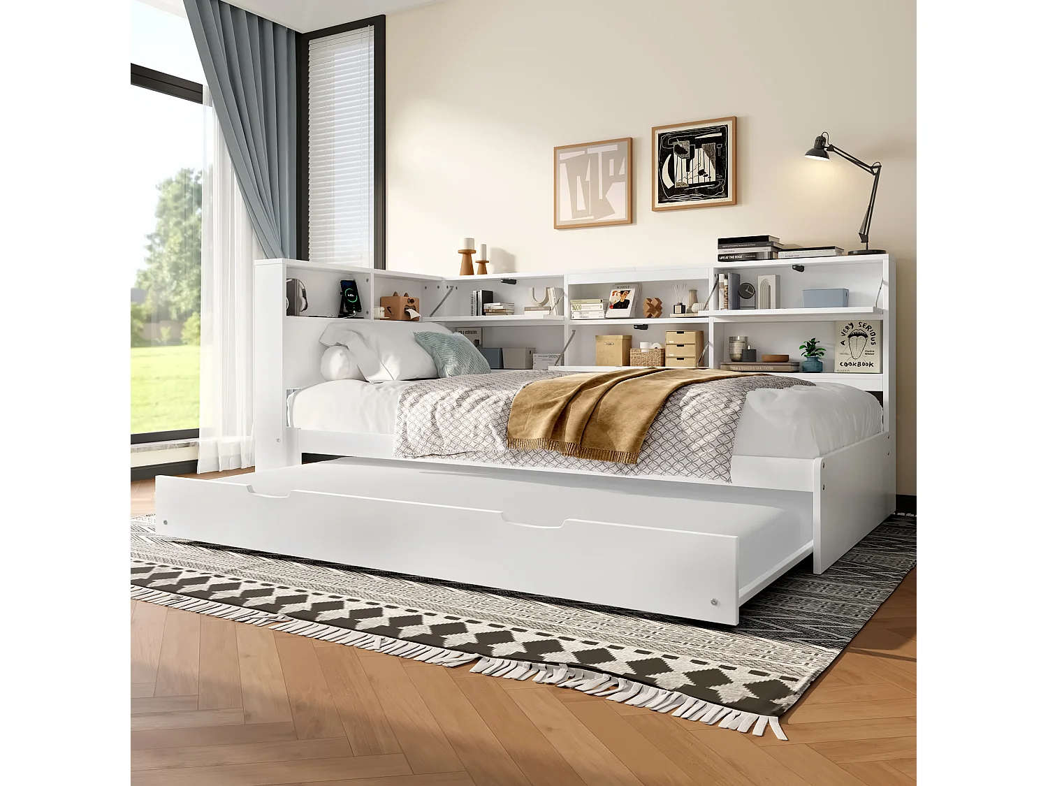 Kinderschlafsofa - 90 x 200 cm + 90 x 190 cm - Ausziehbett - Kopfteil mit Stauraum - Holz + MDF - weiß