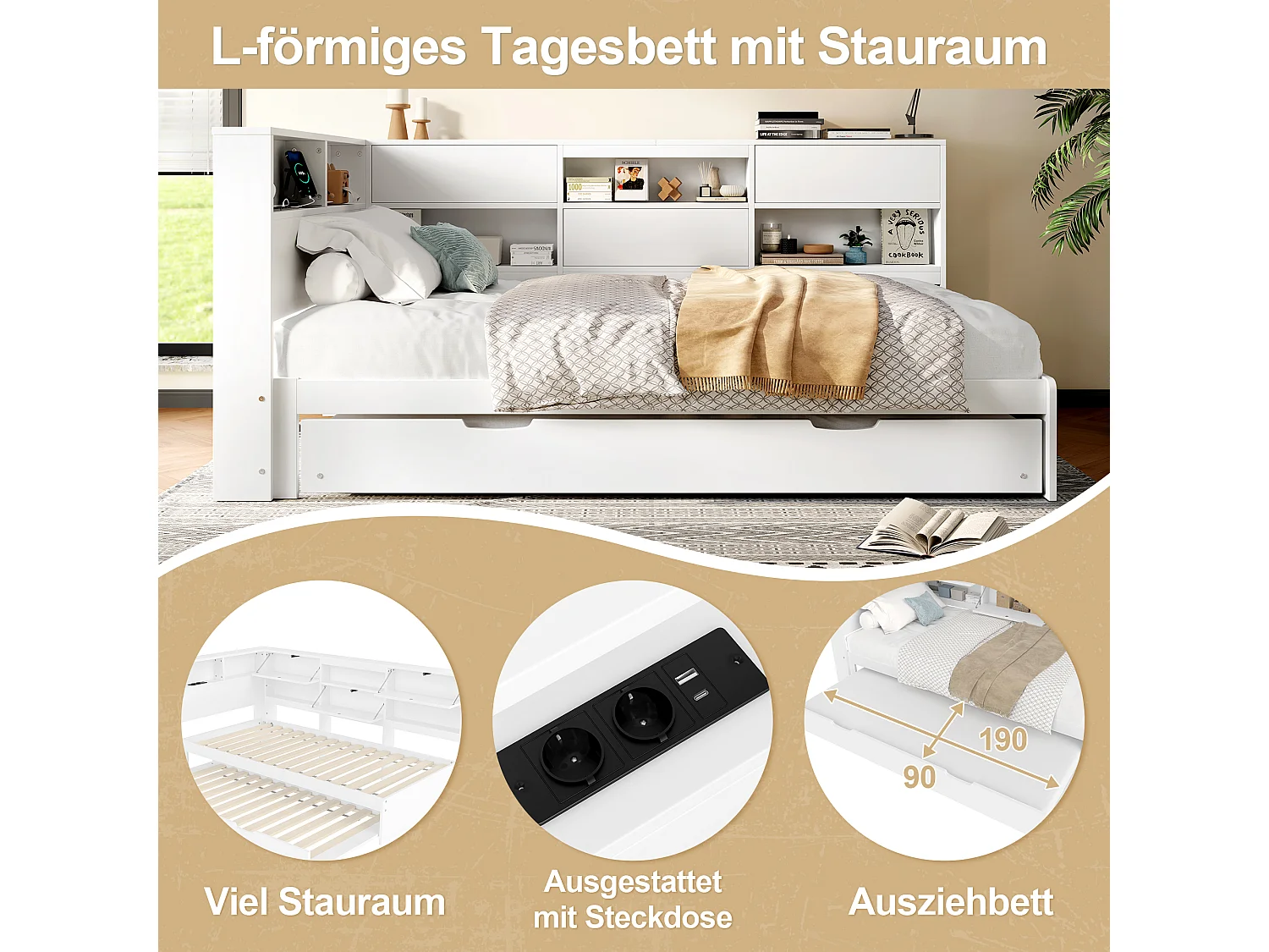 Kinderschlafsofa - 90 x 200 cm + 90 x 190 cm - Ausziehbett - Kopfteil mit Stauraum - Holz + MDF - weiß