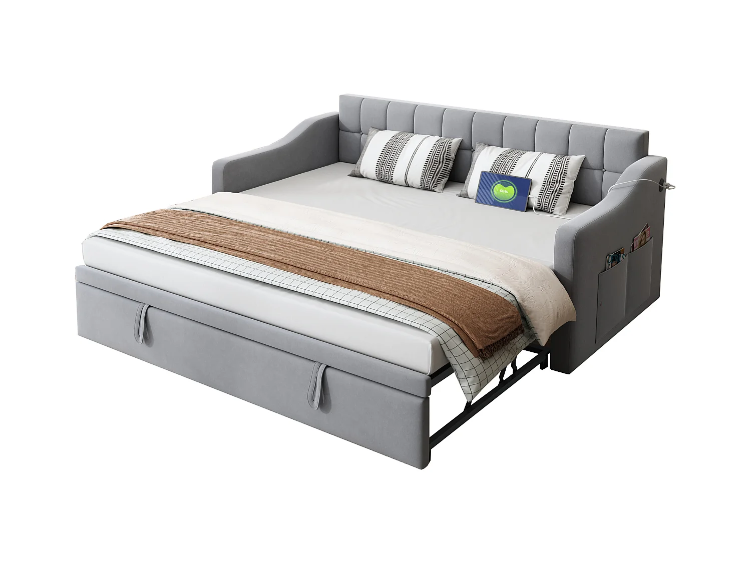 Canapé-lit rembourré 2 en 1 - 90/180 x 190 cm - lit gigogne avec prise et rangement - Tissu velours - gris